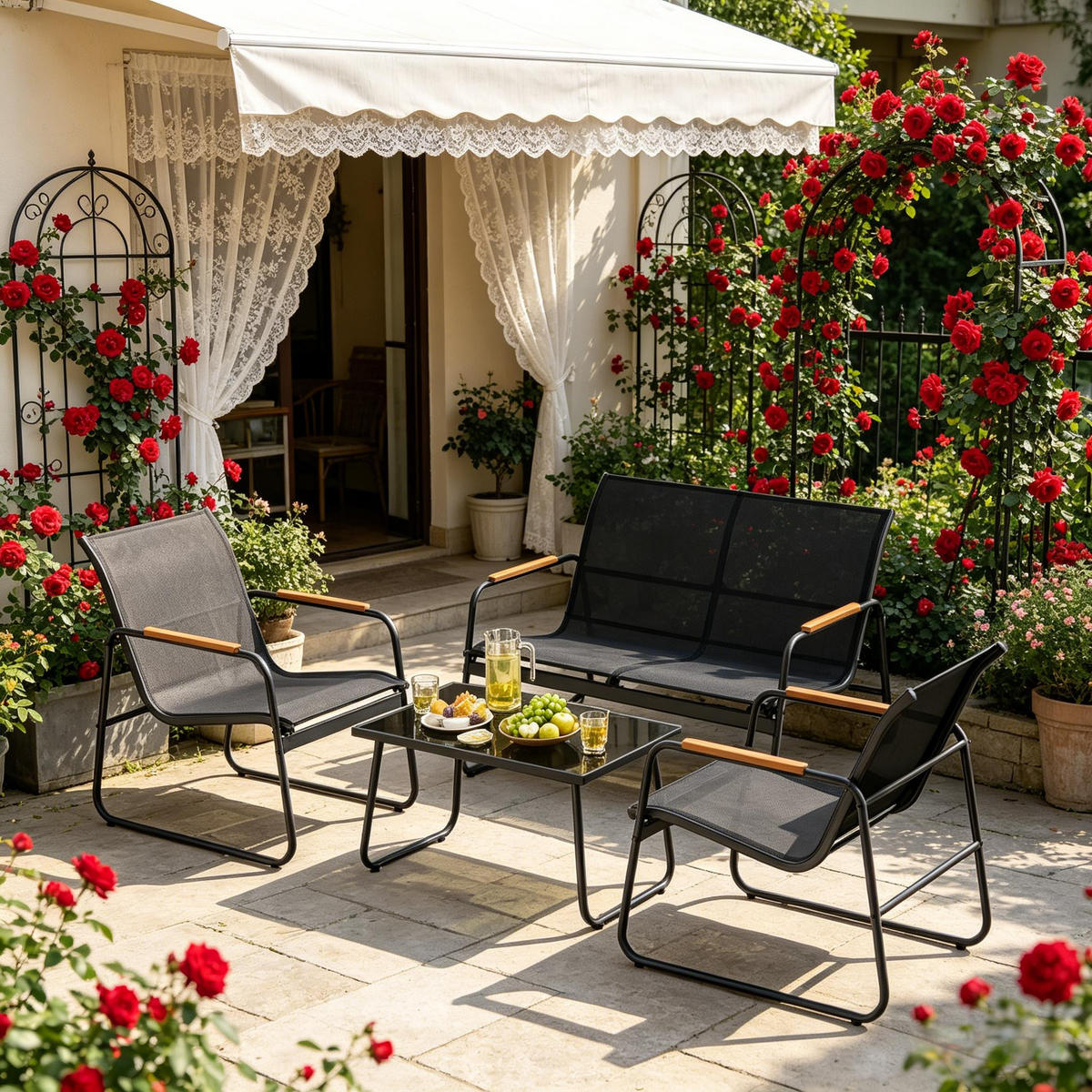 GARTENMÖBEL-SET Schwarz 4-teilig mit Glastisch & Armlehnen in Holzoptik - Schwarz, Metall - PANGIVO