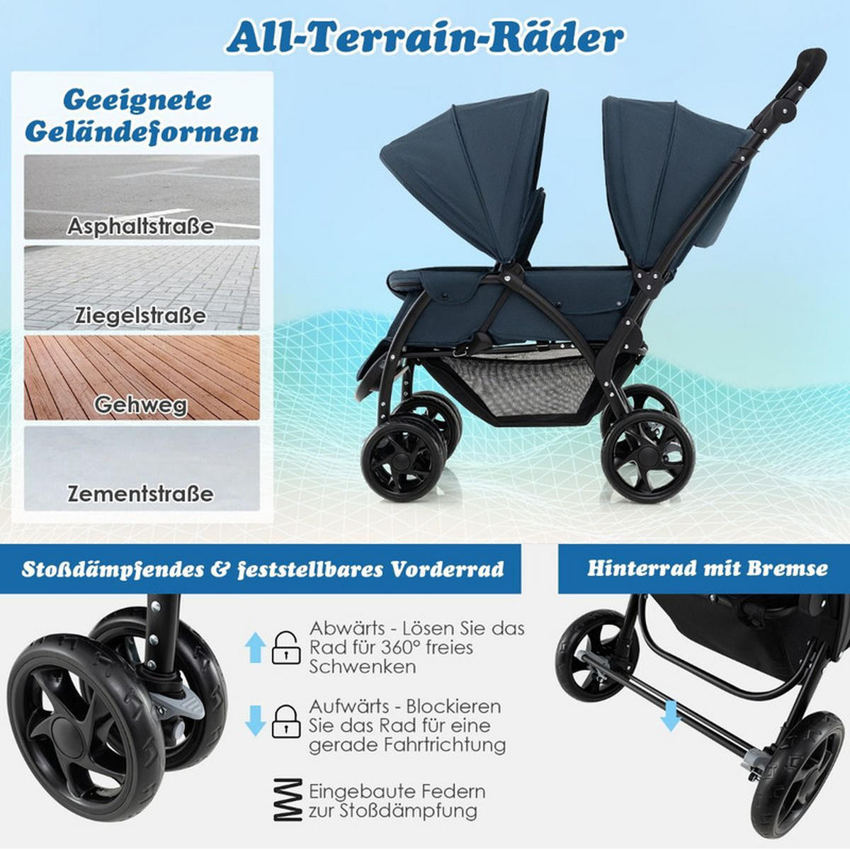 GESCHWISTERWAGEN klappbar blau - Blau, Metall (57/123/95cm) - COSTWAY