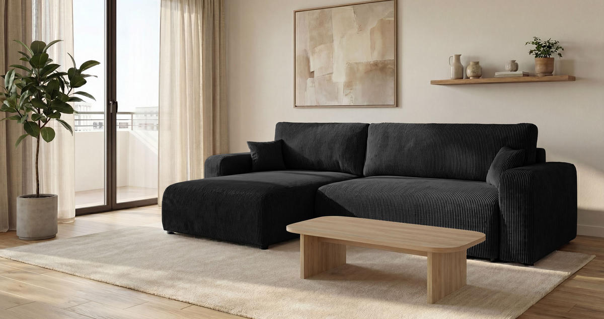 ECKSOFA BERLIN links schwarz Cord Poso 135 - Schlaffunktion, Bettkasten - Schwarz, Textil (285/185cm) - Cornero