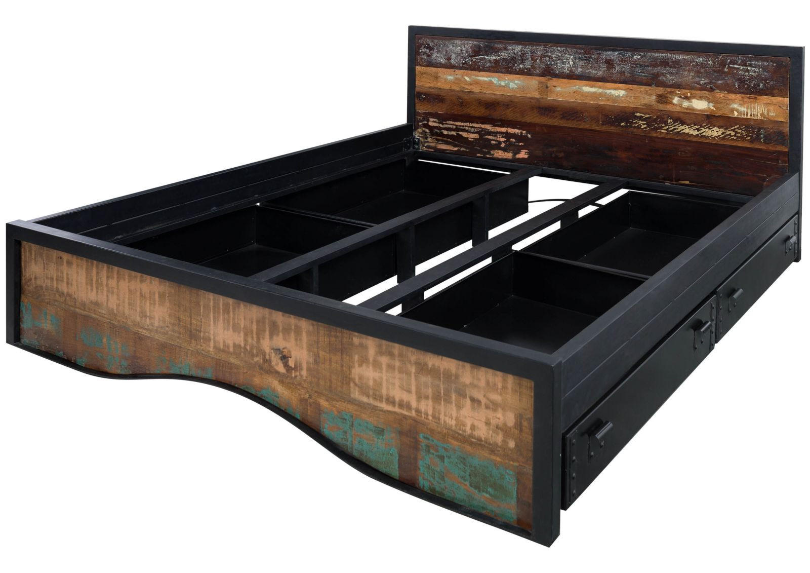 BETT mit Schublade Massivholz Altholz 180 x 200 x 90 mehrfarbig INDUSTRIAL #109 - Multicolor, Holz (180/200cm) - Massivmoebel24