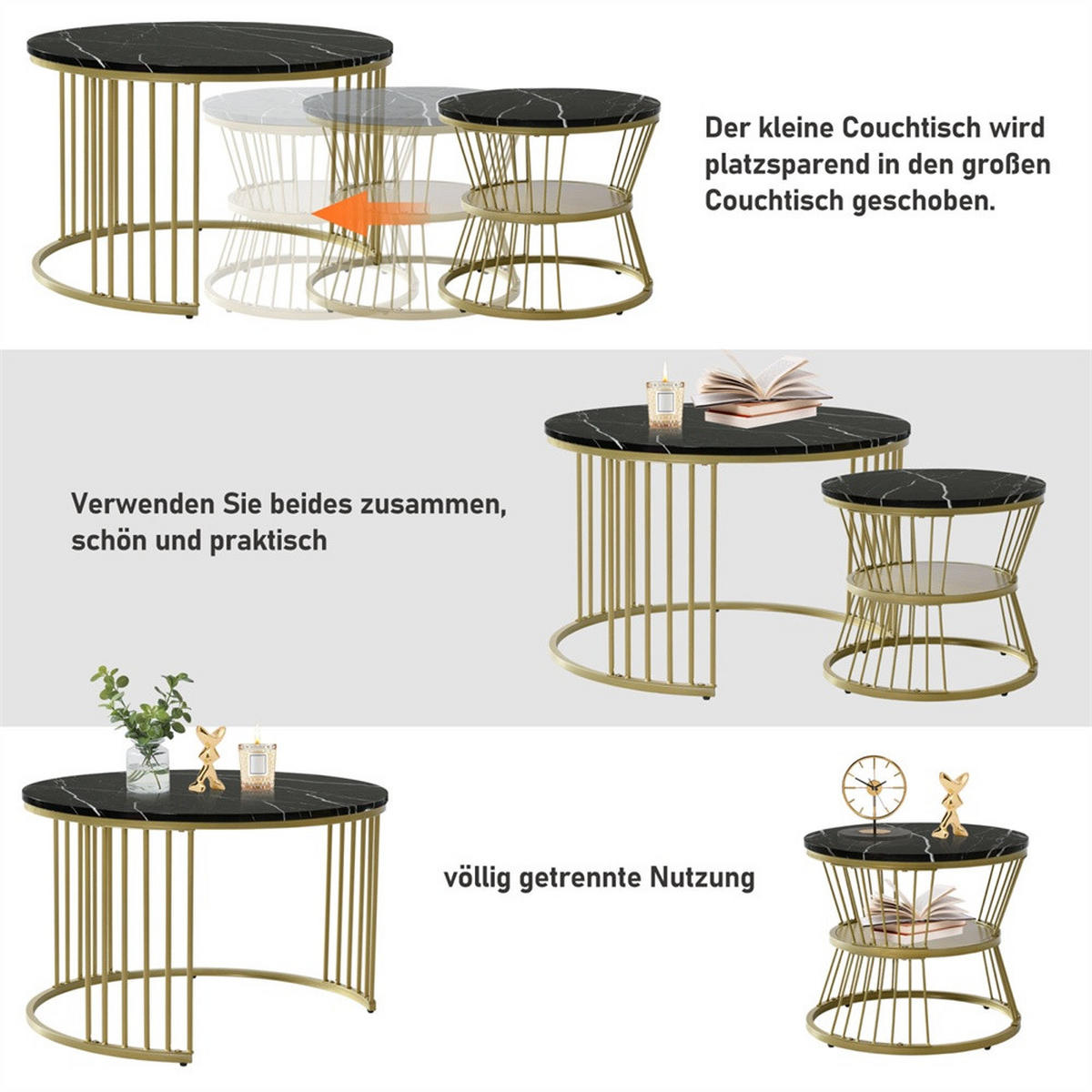 COUCHTISCH 2er Set - Runder Couchtisch 70 cm & 45 cm - Ineinander Schiebbar Marmoroptik - Gold & Schwarz - Schwarz, Holzwerkstoff (70/70/45.5cm) - DELFA
