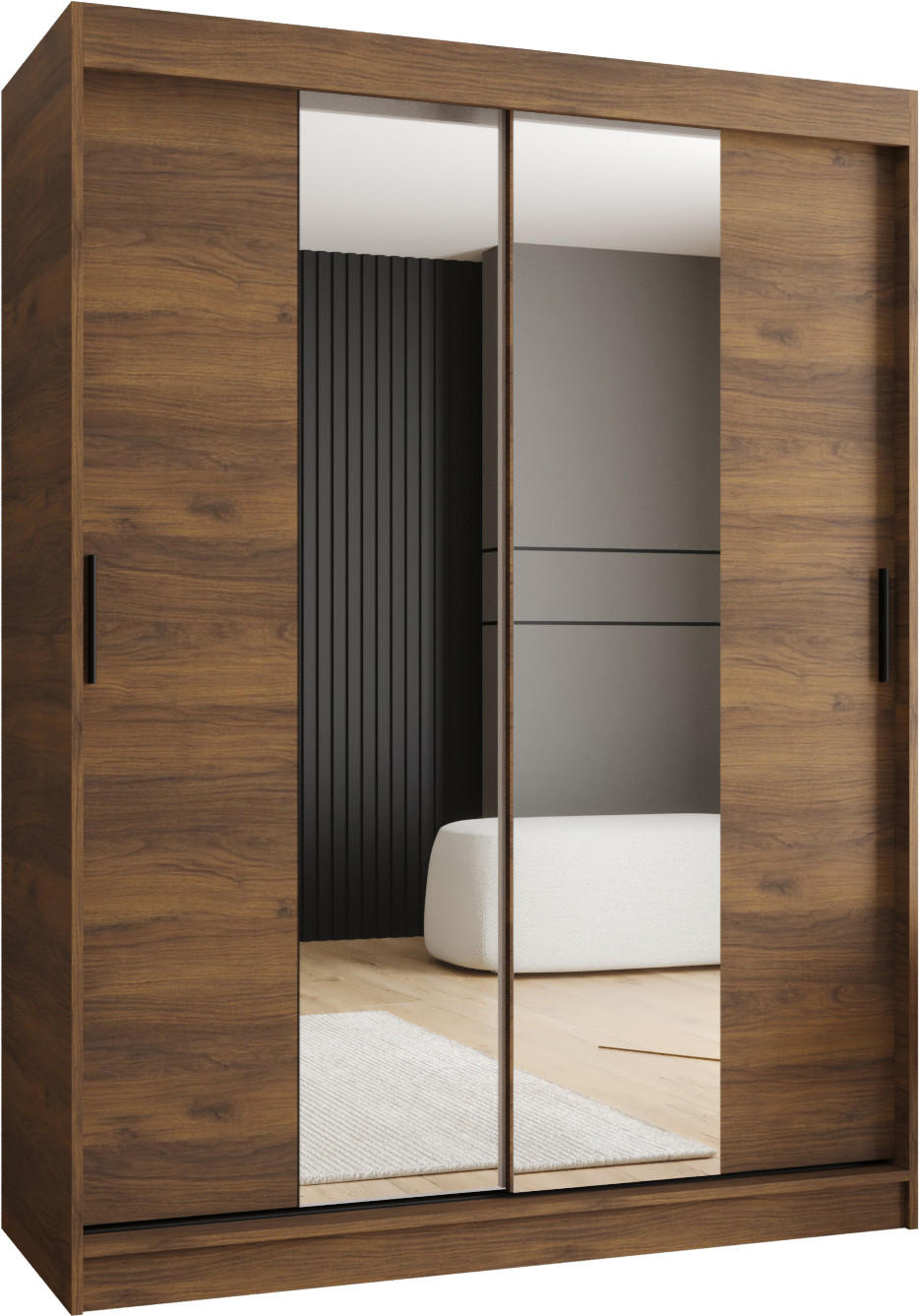OMARA Z DRSNIMI VRATI IN OGLEDALOM 200/150/62 2-vratna - črna/rjava, umetna masa/les (150/200/62cm)