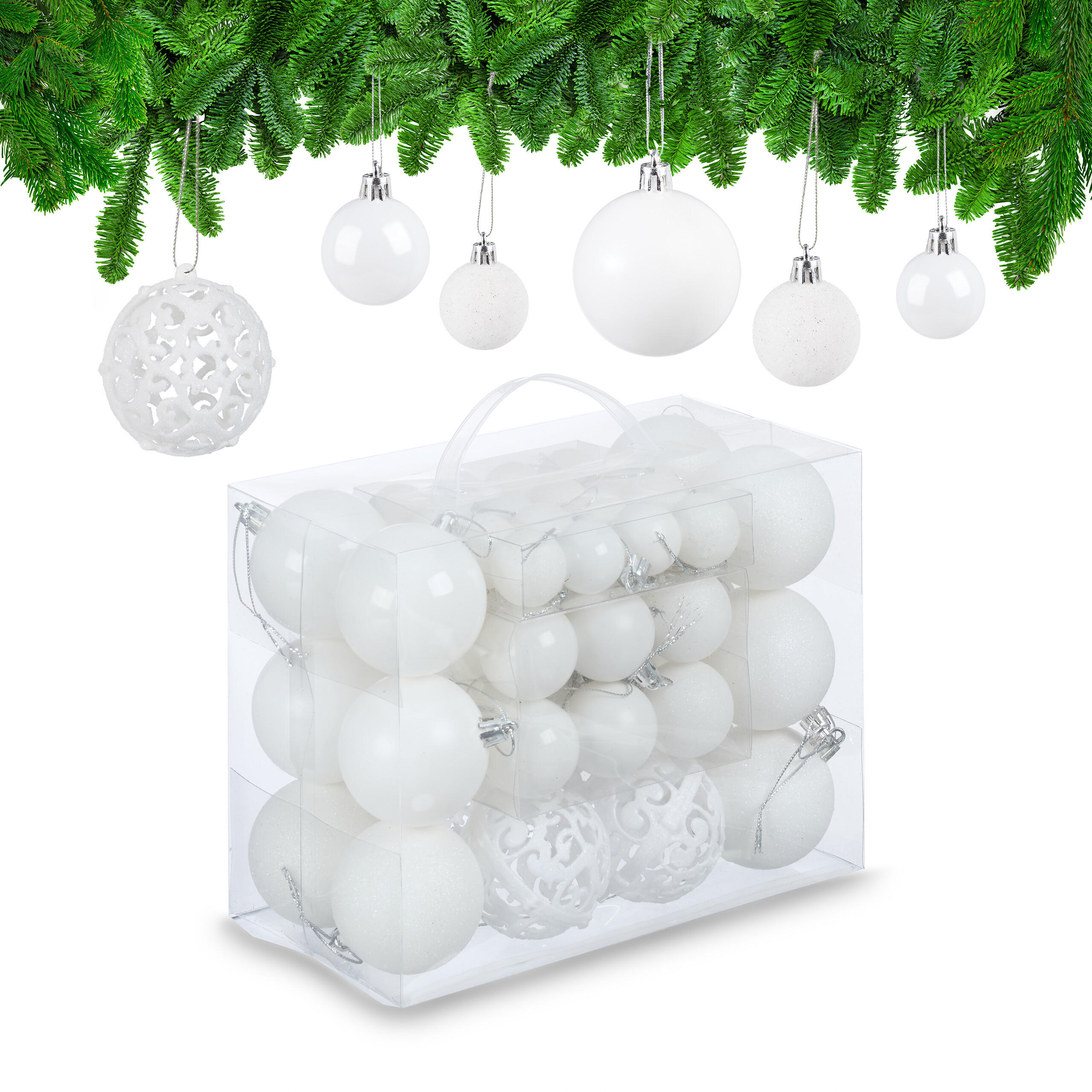 WEIHNACHTSKUGELN-SET 50-tlg. - Weiß, Kunststoff (6/7/6cm) - Relaxdays