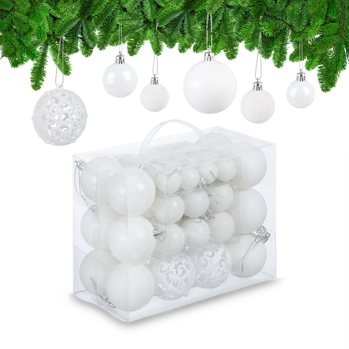 WEIHNACHTSKUGELN-SET 50-tlg. - Weiß, Kunststoff (6/7/6cm) - Relaxdays