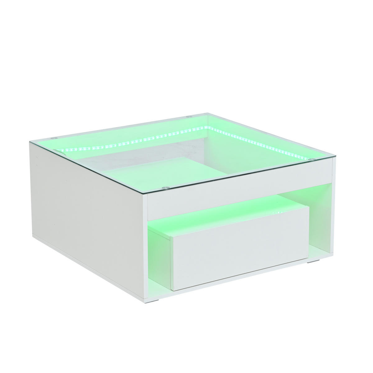 COUCHTISCH 70/70/35 cm Weiß aus Holzwerkstoff mit Glasplatte und LED-Lichtstreifen - Weiß, Holzwerkstoff (70/70/35cm) - OKWISH