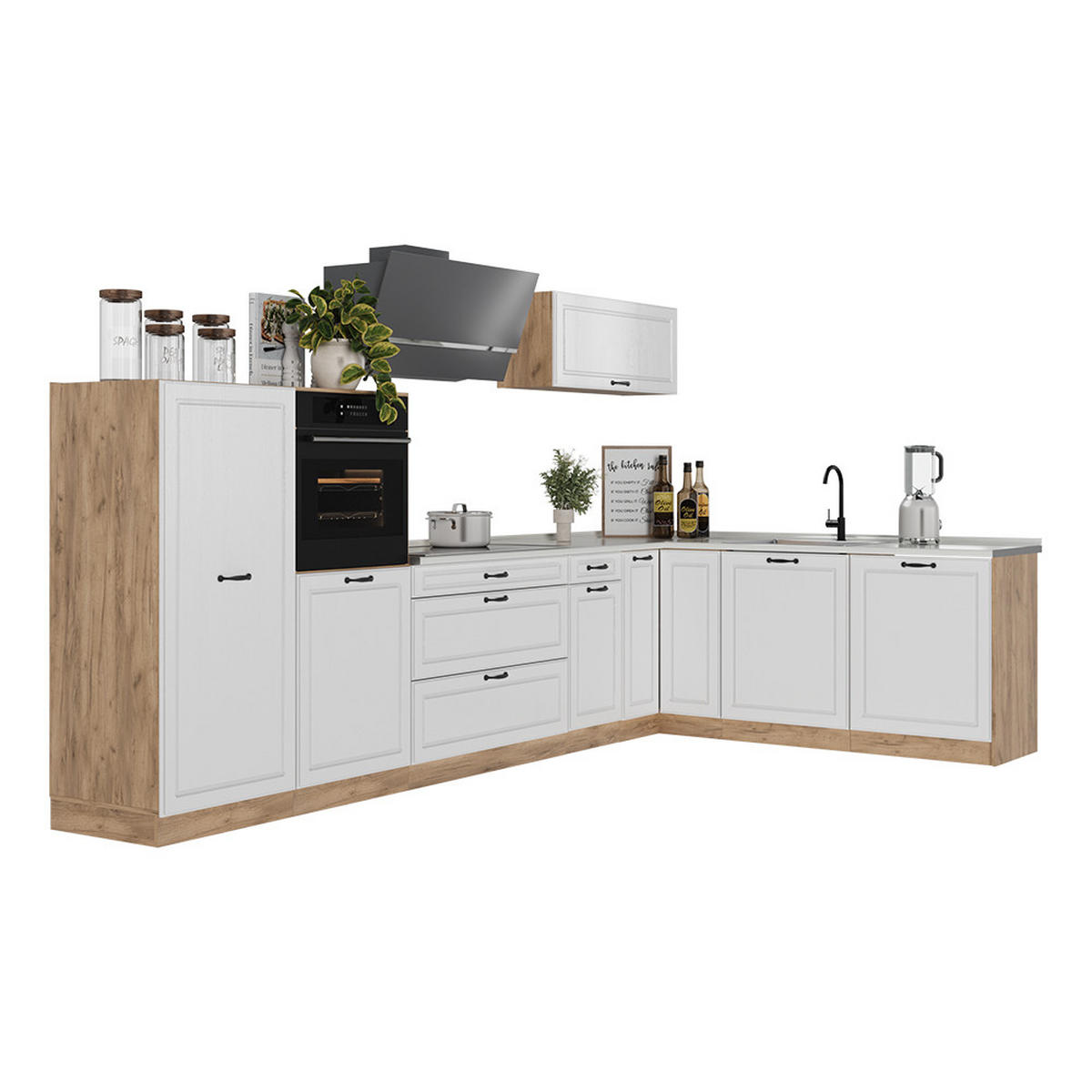 ROHOVÁ KUCHYŇA R-Line, Biely vidiecky dom/Dub Goldkraft, 347 x cm antrasiitti työtaso - biela/dub medový, kompozitné drevo (347/143/60cm) - Vicco