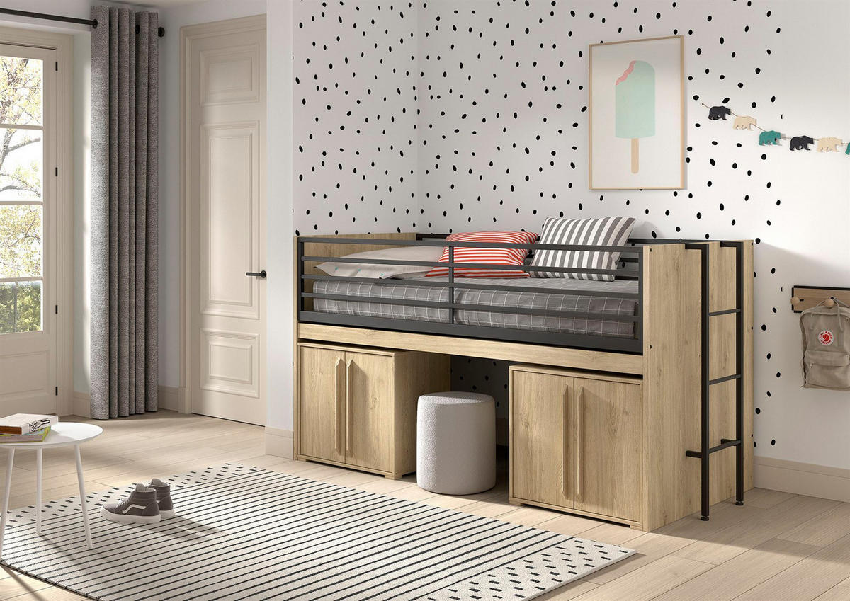 HALBHOCHBETT 90x200 Keelia Eiche mit Schreibtisch Stauraum - Eichefarben, Kunststoff (90/200cm) - 58aufmkessel