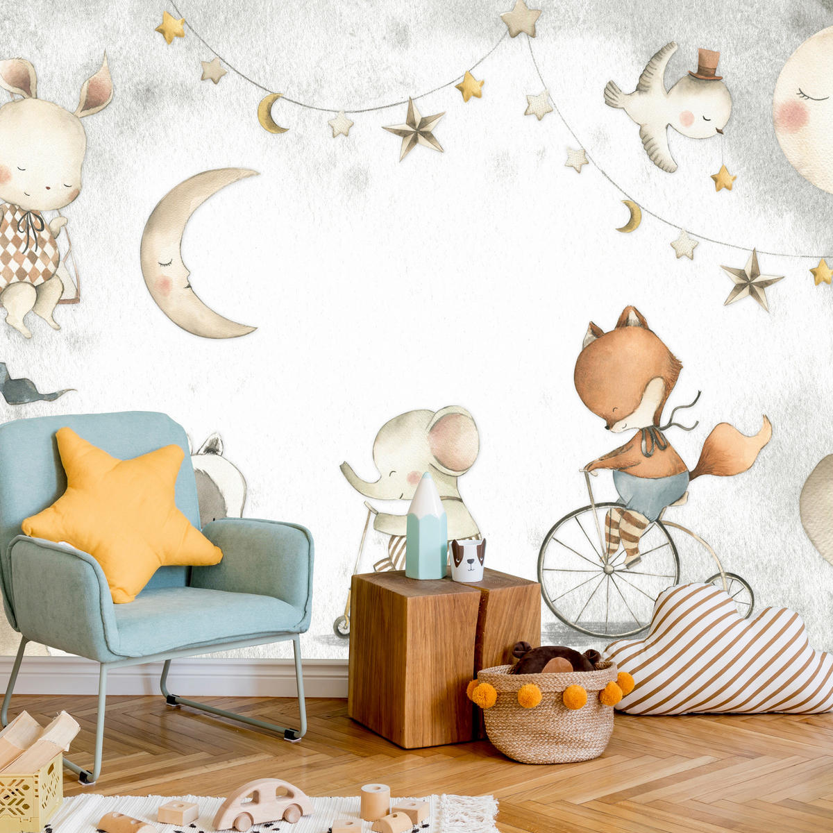 FOTOTAPETE für Kinderzimmer Zirkus Tiere Elefant Fuchs Monde Sterne 400x280 - Gelb/Beige, Papier (400/280cm) - Muralo