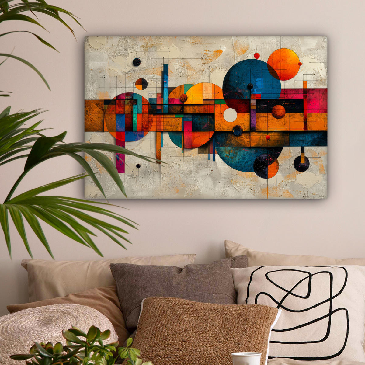 LEINWANDBILD - Vintage - Moderne Kunst - Orange - Geometrische Formen - 60x40 - Wanddeko Schlafzimmer - Multicolor, Textil (60/40cm) - MuchoWow