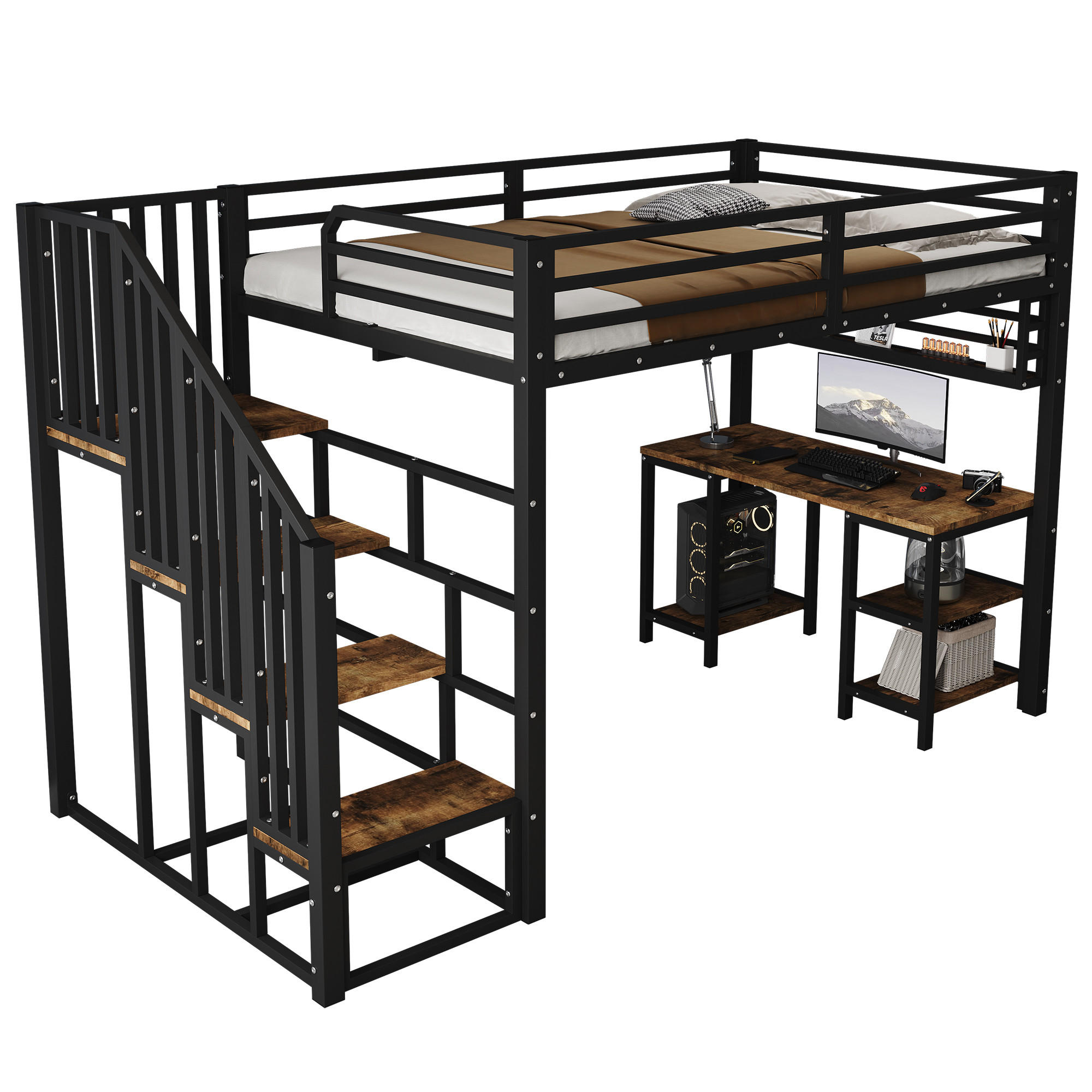 HOCHBETT 120/200 cm in Schwarz & Dunklem Walnuss mit Treppe, Schreibtisch und Regal Metall - Schwarz, Holzwerkstoff/Metall (120/200cm) - CHICFURN