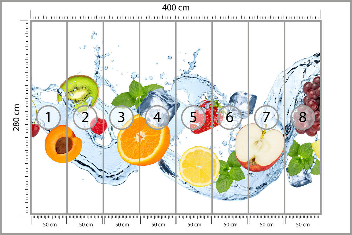 FOTOTAPETE für Küche Erfrischende Früchte Eis Wasser Orange Minze Zitrone Kiwi 400x280 - Gelb/Rot, Papier (400/280cm) - Muralo