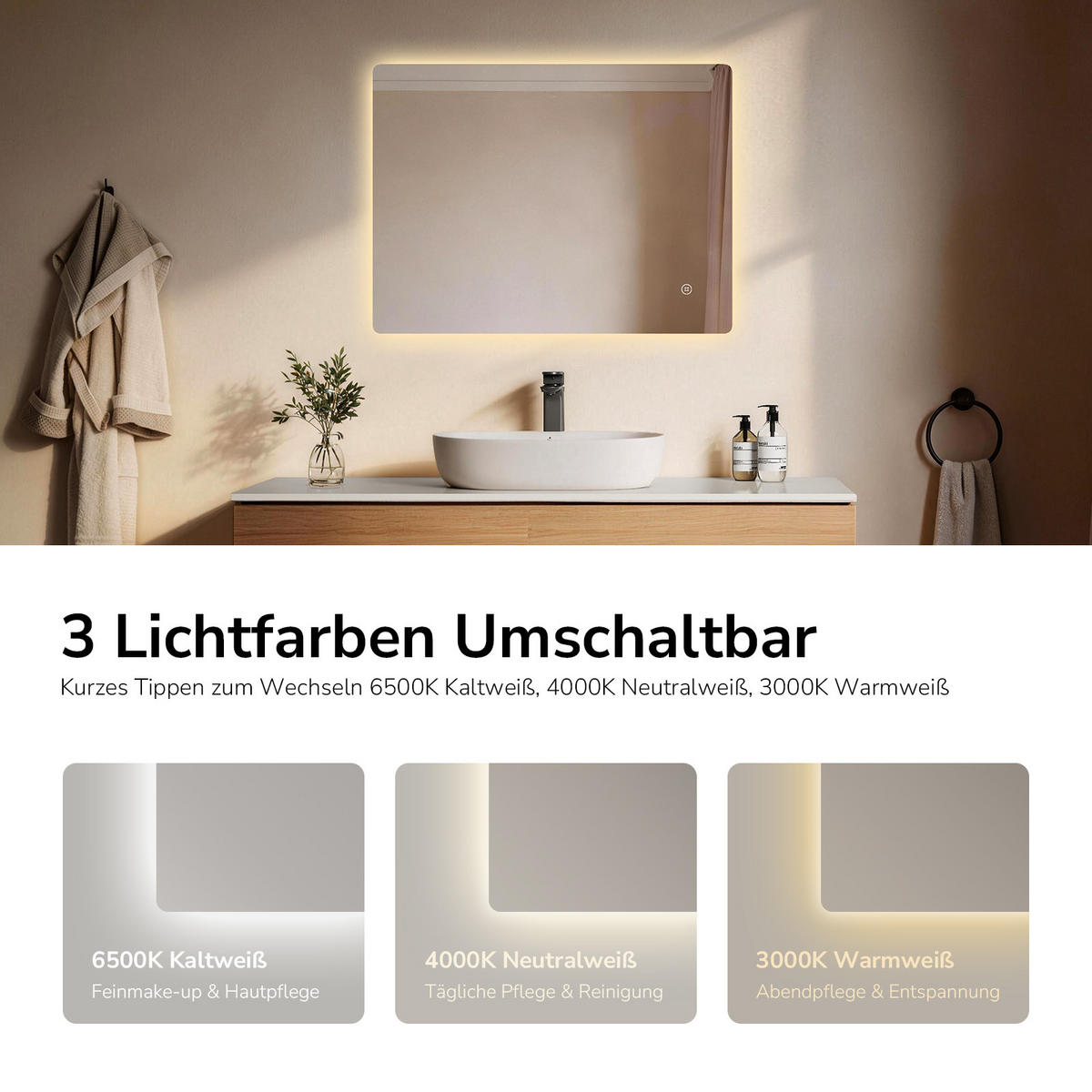 BADSPIEGEL mit Touch-Schalter Beleuchtung Rechteckig 80/60 cm - Weiß, Glas (60/3/80cm) - EMKE