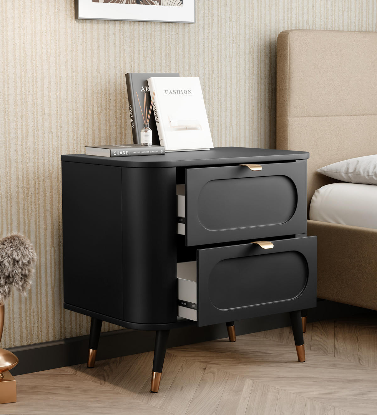 NACHTSCHRANK NOIR 60/40/61 cm Schwarz - Goldfarben/Schwarz, Holzwerkstoff/Metall (60/61/40cm) - Idohome