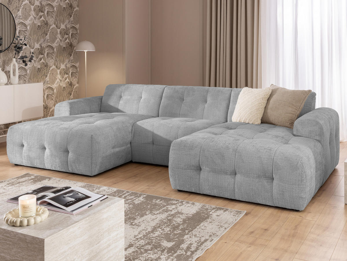 WOHNLANDSCHAFT Kozy im Bumpy-Design mit fester Rückenlehne aus weichem Hellgrau Chenille-Stoff - Hellgrau/Schwarz, Holz/Kunststoff (323/79/161cm) - S-Style Möbel