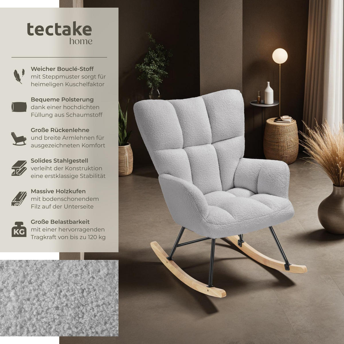 SCHAUKELSTUHL Torve,68 x 96 x 97 cm, Belastbarkeit 120 kg,Bouclé hellgrau - Hellgrau, Kunststoff (70/97/96cm) - tectake
