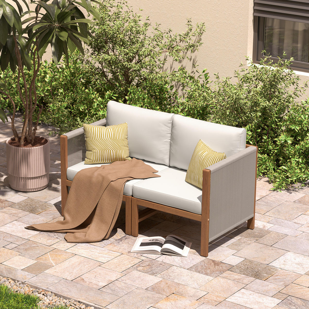 LOUNGESET - 2-teilig - Akazie massiv / Polyester - Braun / Beige - Beige/Braun, Holz/Textil - home24