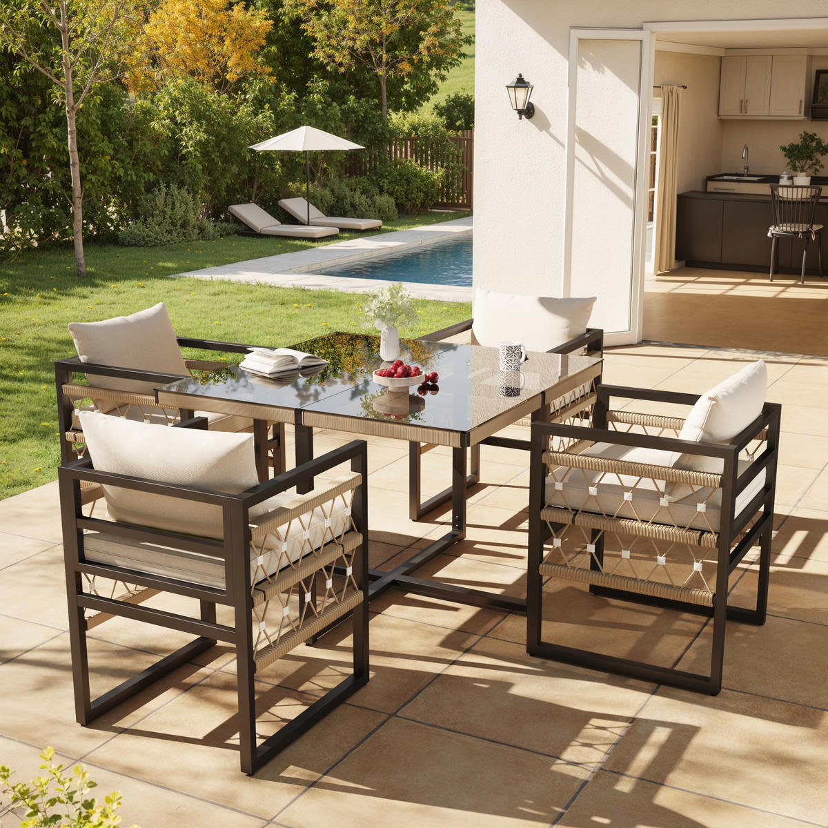 GARTENSET 4 Personen Beige Inkl. Glastisch & 4 Sesseln - Beige, Metall - FLIEKS