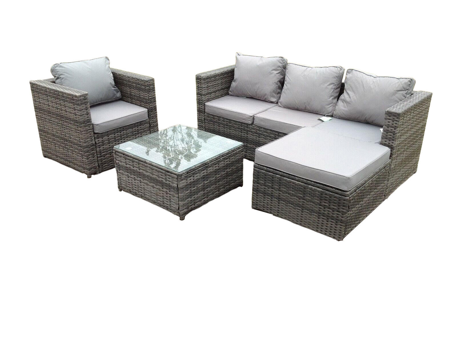 GARTENMÖBELSET mit Couchtisch Polyrattan 5-Sitzer - Dunkelgrau/Grau, Glas/Kunststoff - Fimous