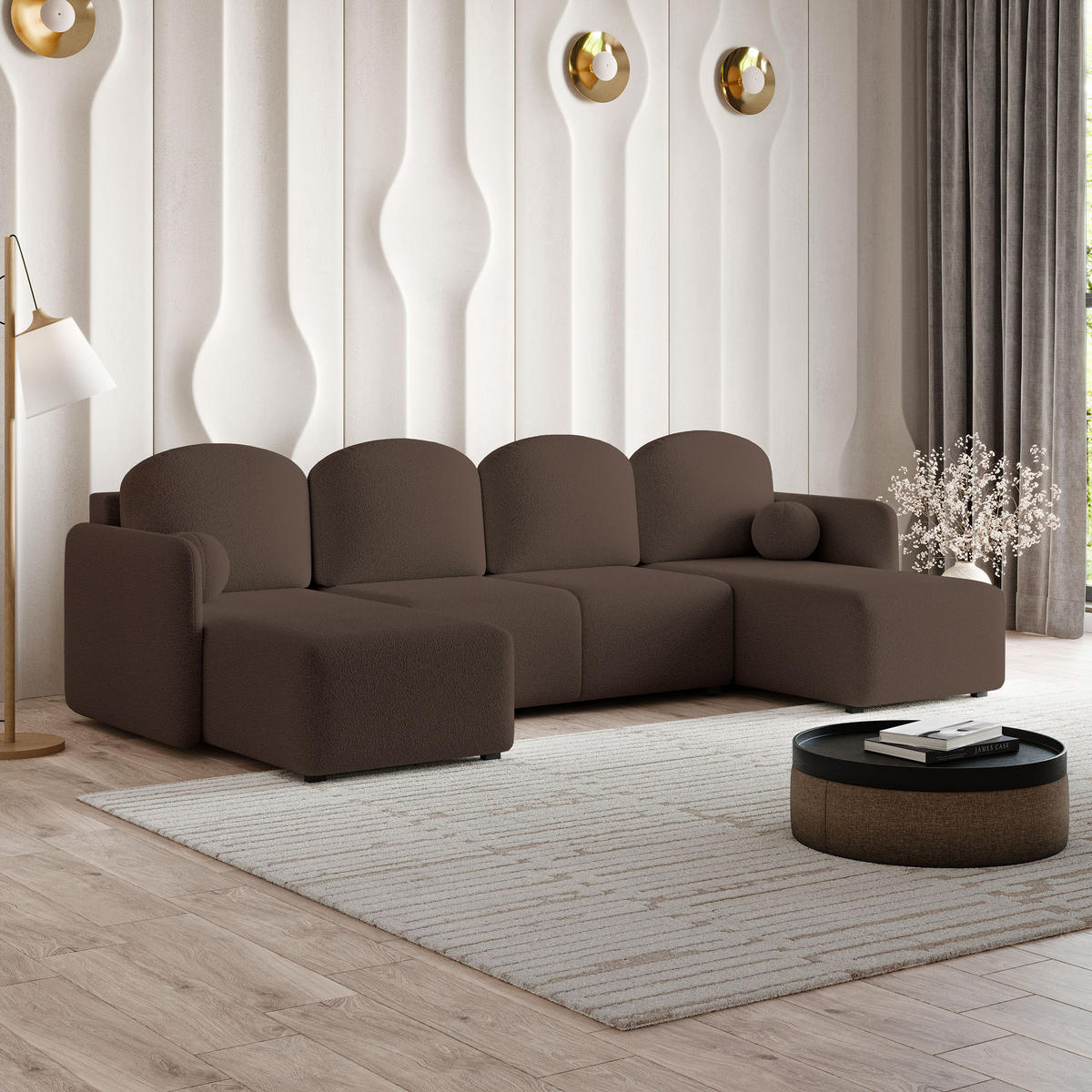 WOHNLANDSCHAFT NUBERO Braun Boucle-Stoff mit Schlaffunktion - Braun, Holz (220/85/143cm) - MASSENO