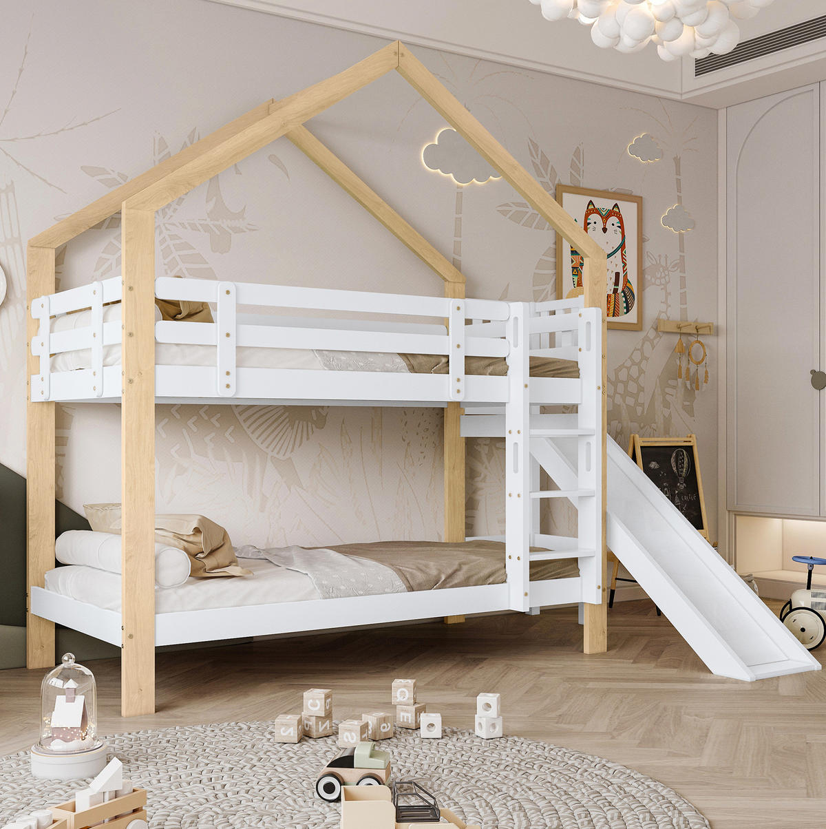 POSCHODOVÁ posteľ 90/200 cm biela/prírodná so šmykľavkou a 3-stupňovým rebríkom z masívneho dreva a MDF - biela, kompozitné drevo (90/200cm) - OKWISH