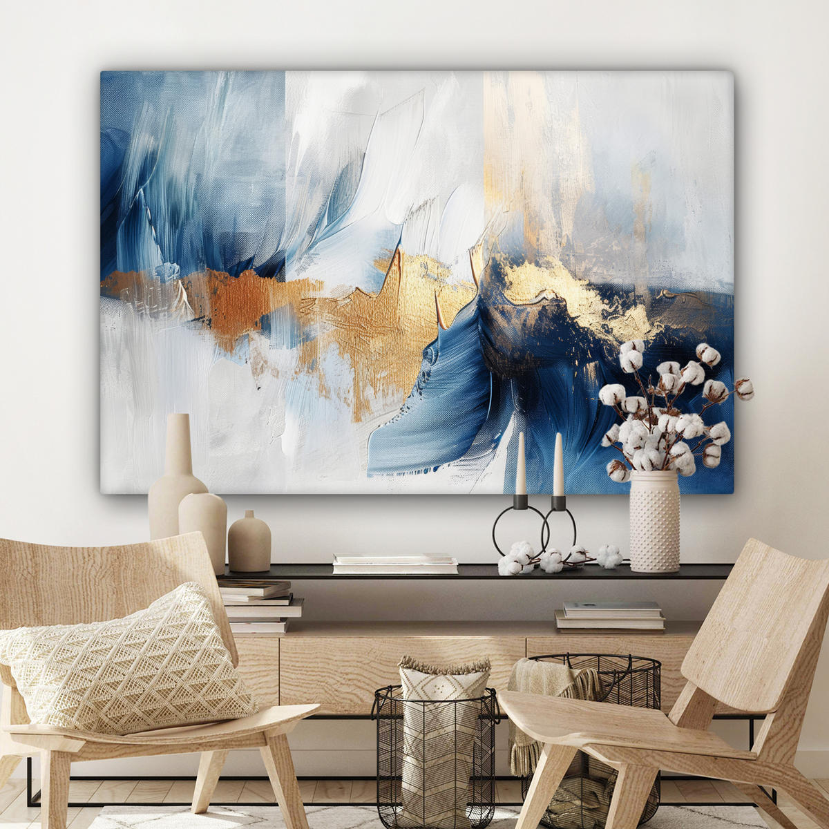 LEINWANDBILD Gold - Blau - Aquarell - Kunst - Modern Groß 140x90 cm - Hellblau, Textil (140/90cm) - MuchoWow