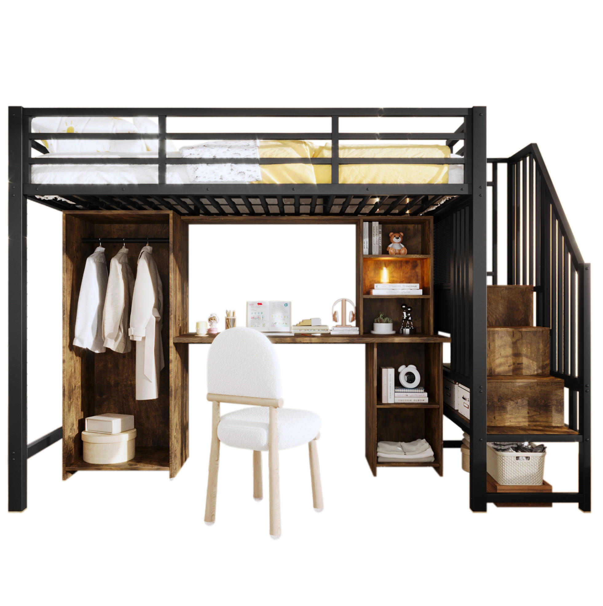 HOCHBETT 90/200 cm, Schwarz mit Kleiderschrank, Schreibtisch und Stauraum - Schwarz, Metall (90/200cm) - MIVRAY