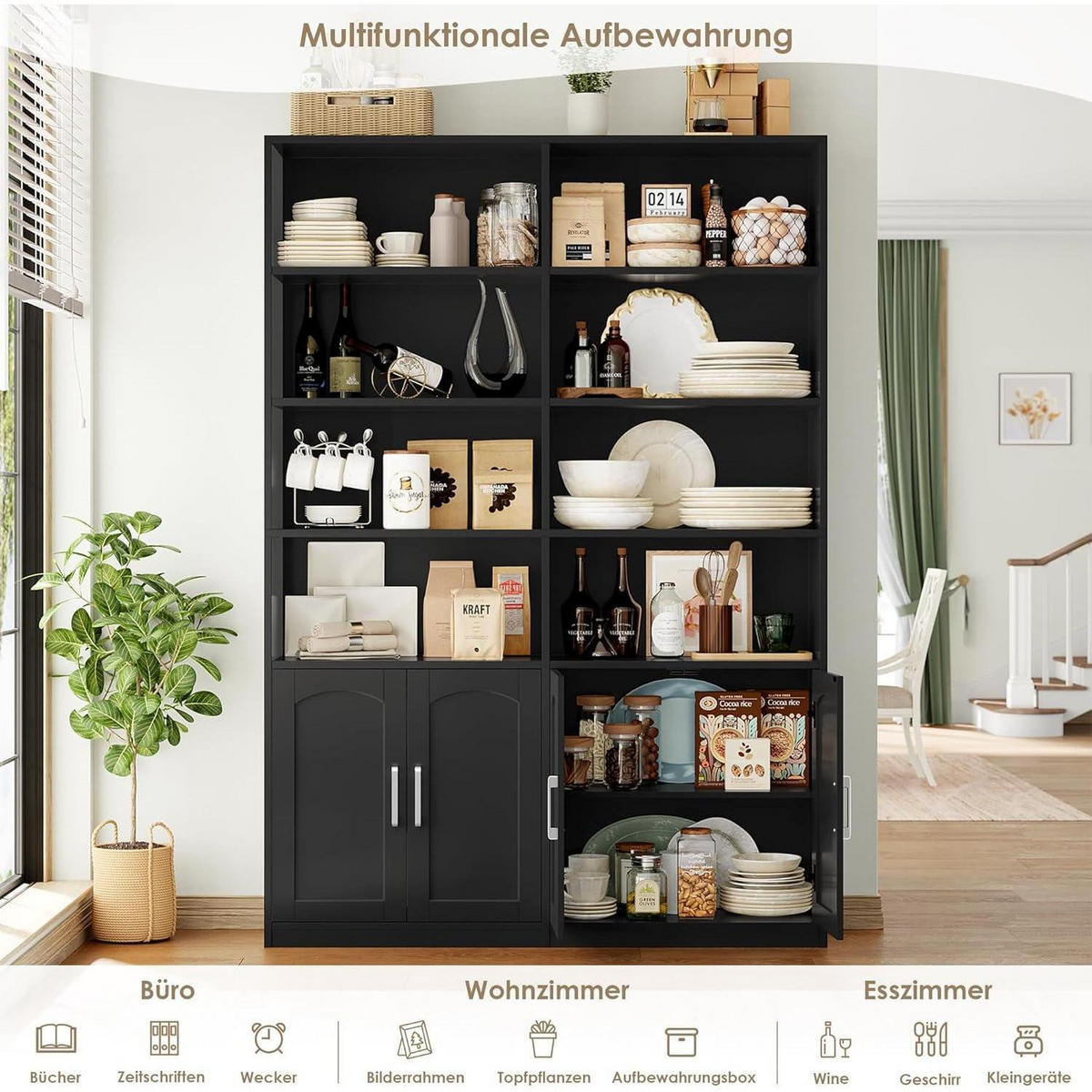 BÜCHERREGAL mit Türen 12 Fächer 115 x 27 x 185,5 cm schwarz - Schwarz, Holzwerkstoff (115/185.5/27cm)