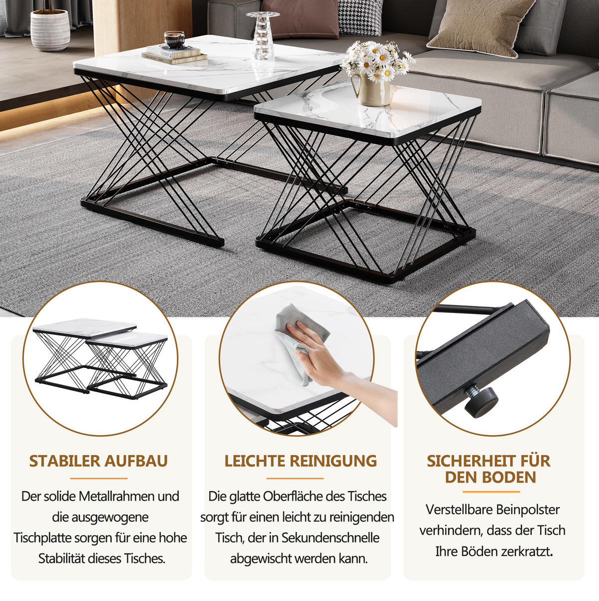 COUCHTISCH-SET aus MDF 60x60x45 / 45x45x40 cm Schwarz/Weiß mit Marmoroptik und höhenverstellbaren Füßen - Schwarz, Holzwerkstoff (60/60/45cm) - Modfu
