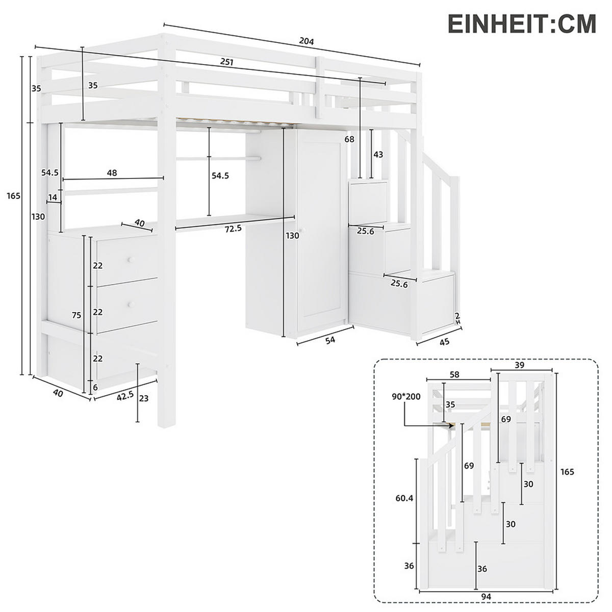 HOCHBETT 90x200 cm mit Kleiderschrank und Schreibtisch - Weiß, Holz (90/200cm) - KOMHTOM