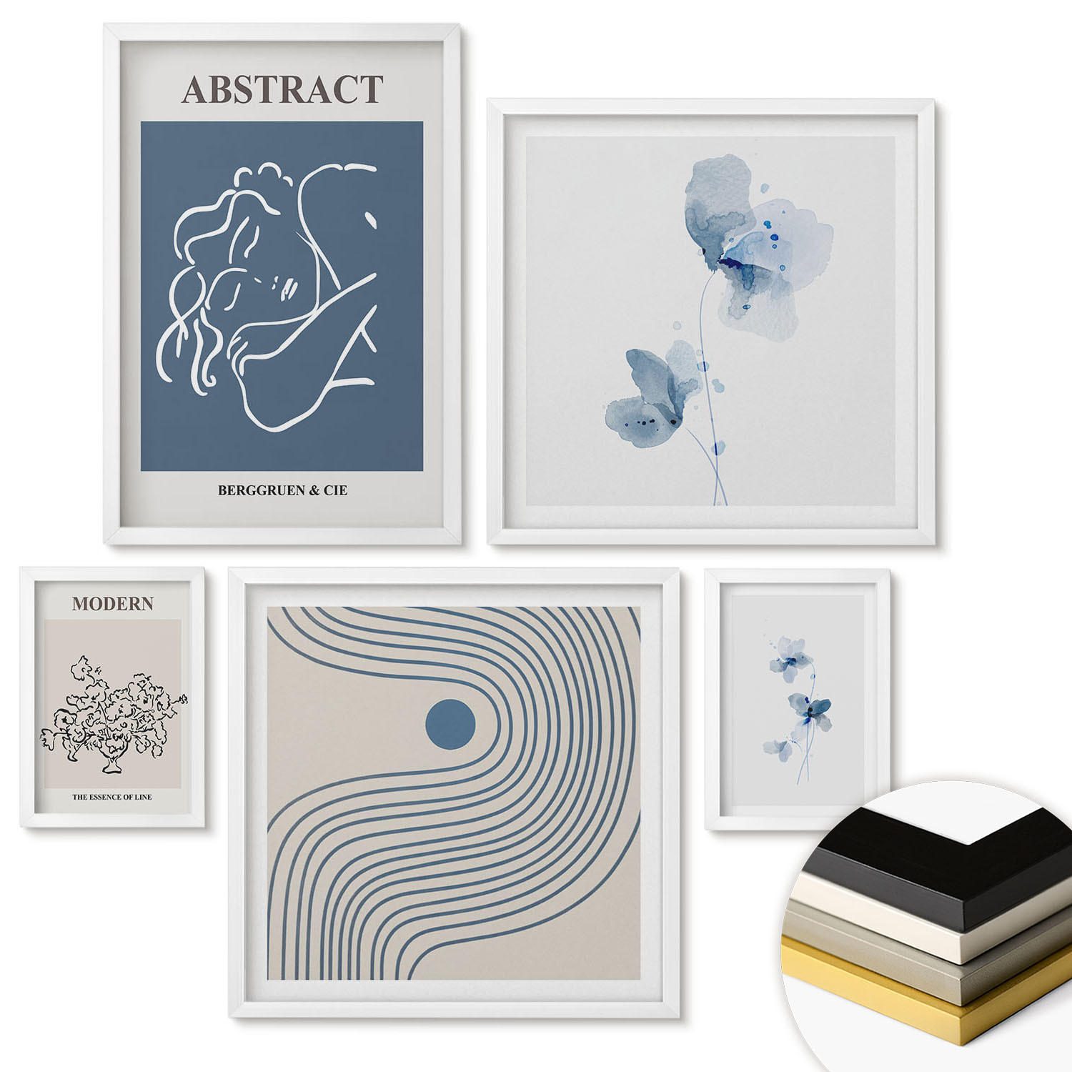 WANDBILDER 5er-Set - 50x50 cm & 20x30 cm & 40x60 cm Weißer Rahmen - abstrakte Poster mit Blumenlinien - Weiß, Kunststoff (40/60cm) - ArtPrintCave
