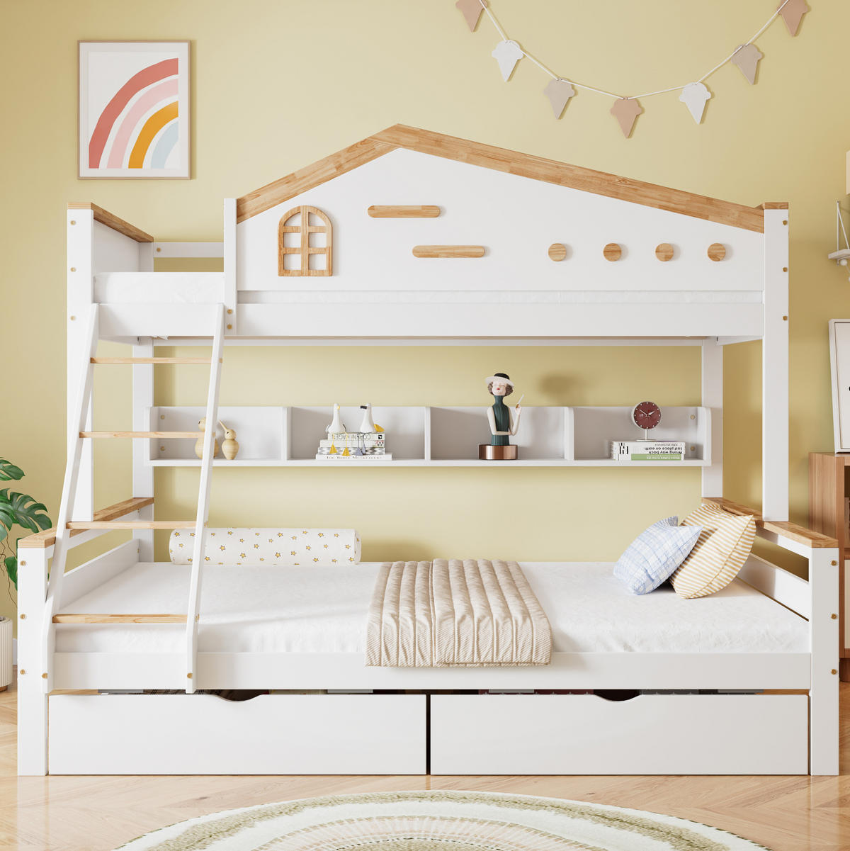 ETAGENBETT 90/200 & 140/200 cm aus Kiefer/MDF mit Regalen und 2 Schubladen Weiß/Natur - Weiß, Holzwerkstoff (90/200cm) - Modenvie