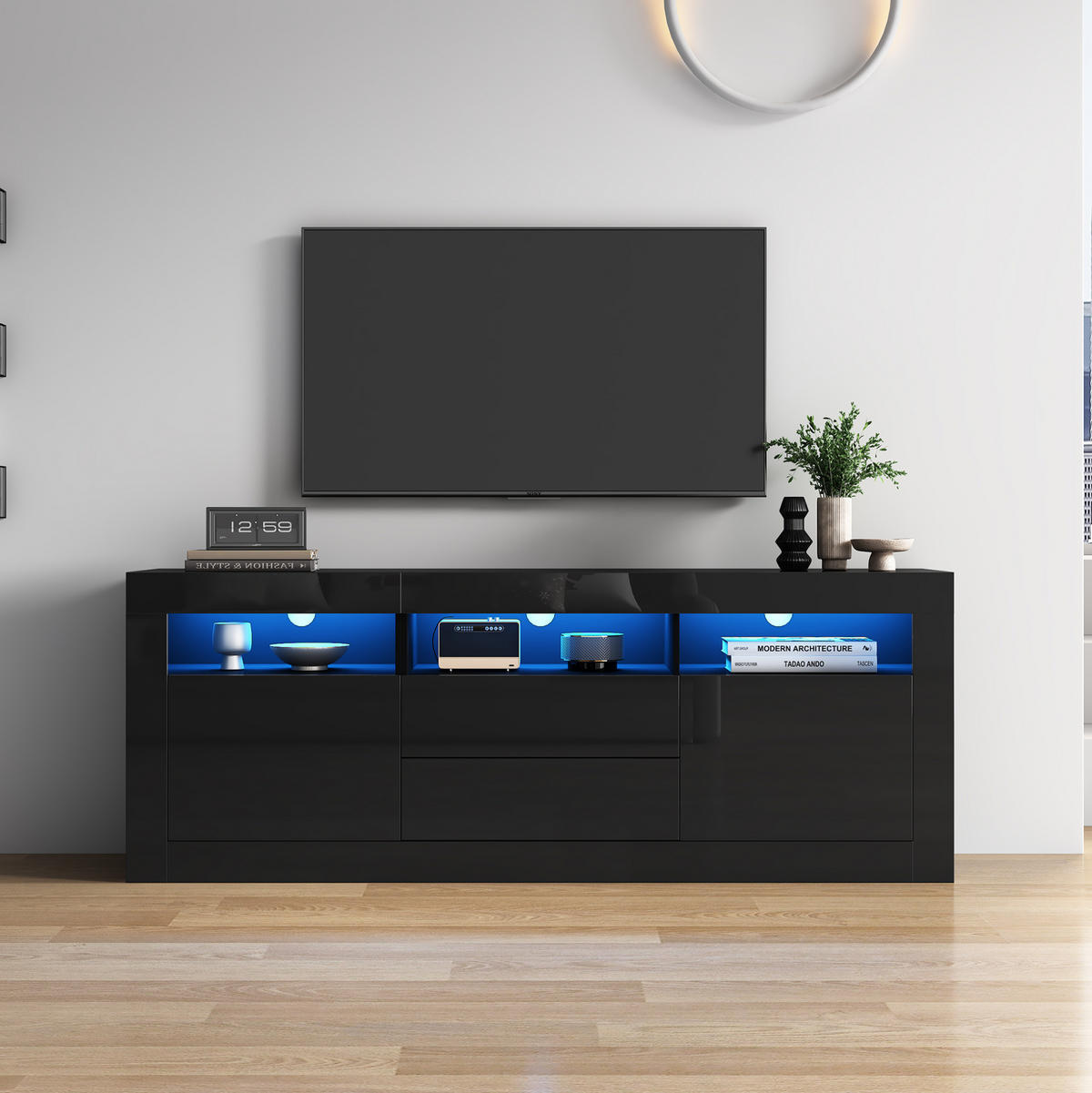 TV-SCHRANK mit LED-Beleuchtung 160 x 35 x 60 cm Hochglanz Schwarz - Schwarz, Holzwerkstoff (35/60/160cm) - Beauniv