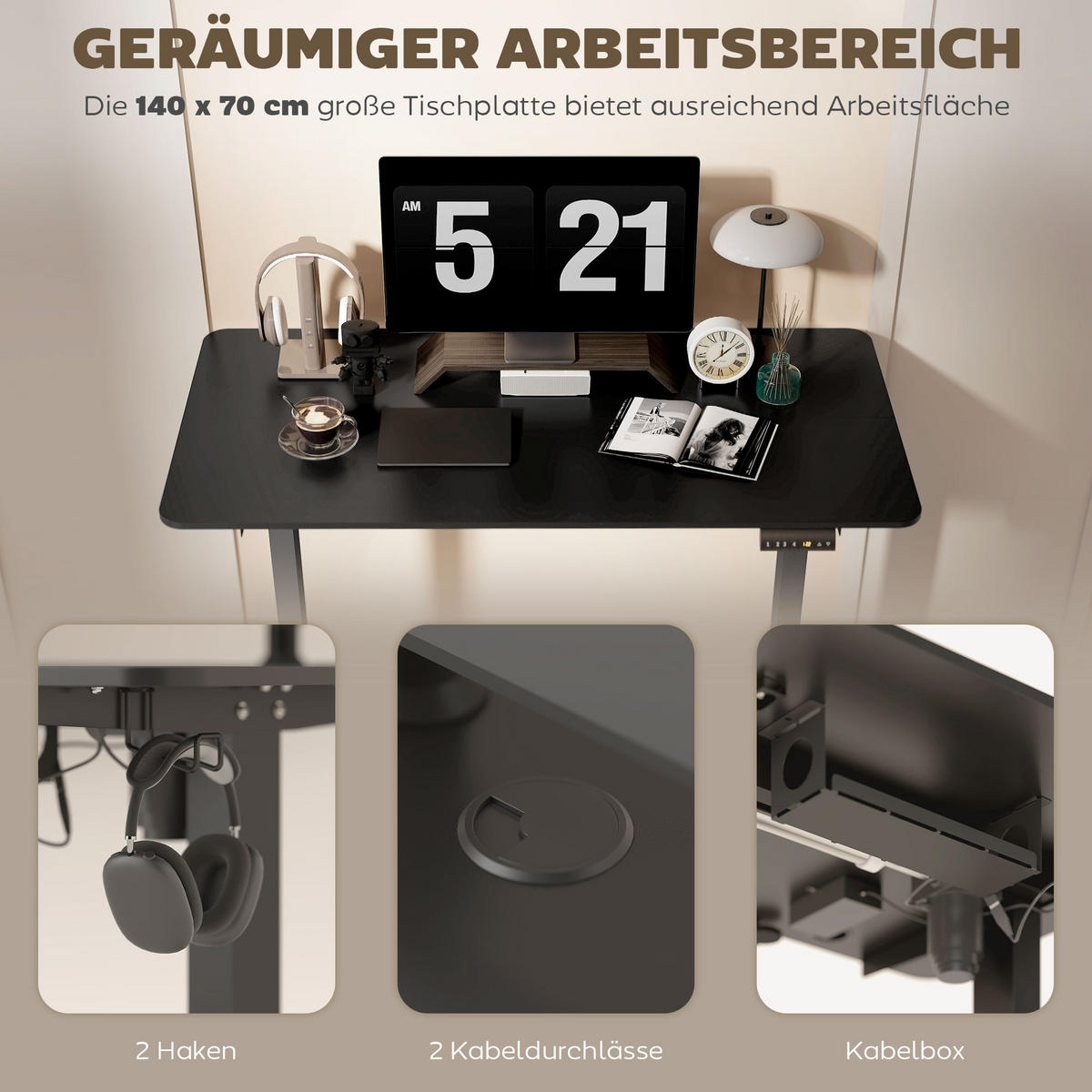 COMPUTERTISCH Schwarz elektrisch höhenverstellbar 140/70/116 cm - Schwarz, Holzwerkstoff (70/140/116cm) - PANGIVO