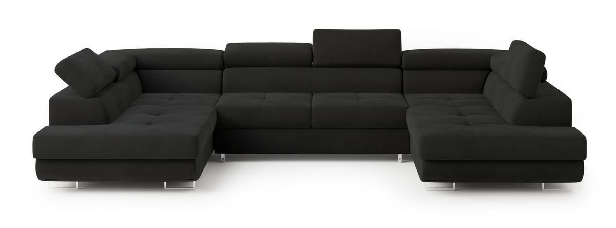 WOHNLANDSCHAFT RAGGIO Schwarz Velours-Stoff mit Schlaffunktion - Schwarz, Holz (336/90/202cm) - MASSENO