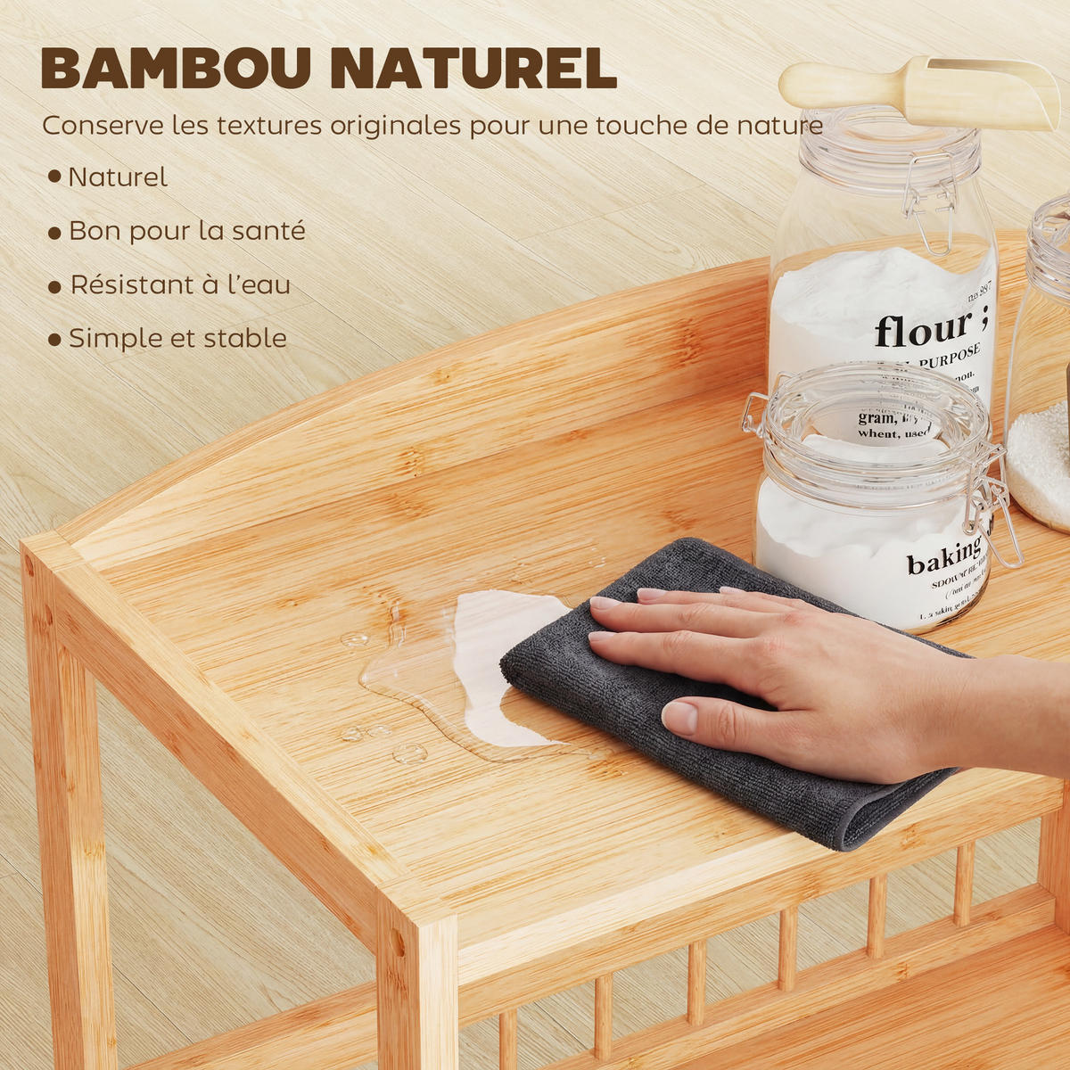 SERVIERWAGEN DE-17147 3 offene Ebenen aus Bambus Natur - Naturfarben, Naturmaterialien (30.5/83/53cm) - ComfortXL