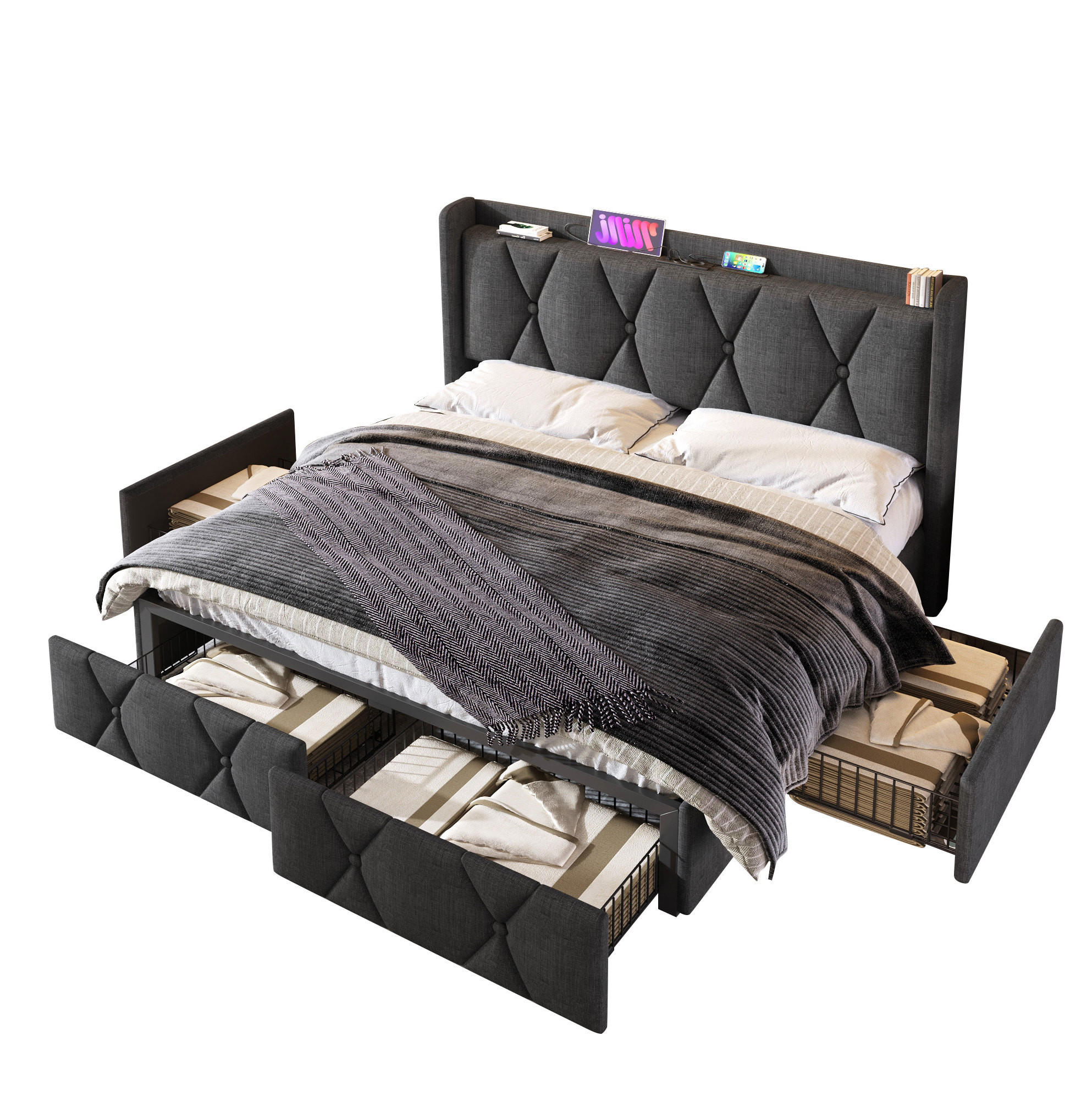 POLSTERBETT 160/200 cm mit USB-Anschlüssen, Steckdosen und 4 Schubladen, Leinenoptik, Grau - Grau, Textil (160/200cm) - Redom