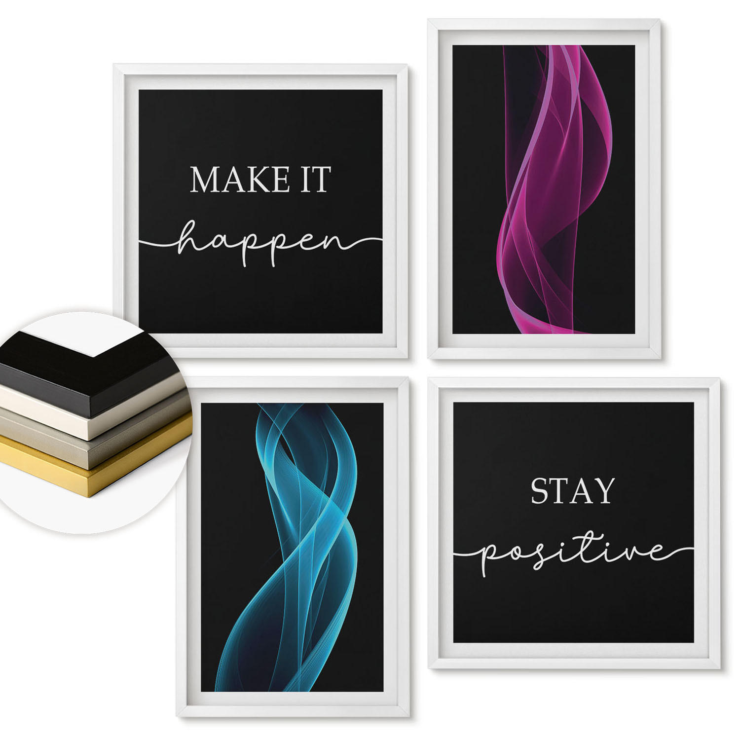 WANDBILDER 4er-Set - 50x50 cm & 40x60 cm Weißer Rahmen - Neonlinienwellen im Hintergrund - Weiß, Kunststoff (50/50cm) - ArtPrintCave