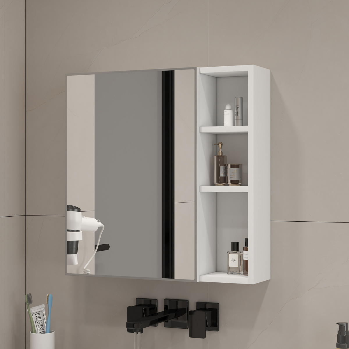 SPIEGELSCHRANK Weiß wandhängend mit Spiegeltür und Stauraum 55/13/56 cm - Transparent, Holzwerkstoff (55/56/13cm) - PANGIVO