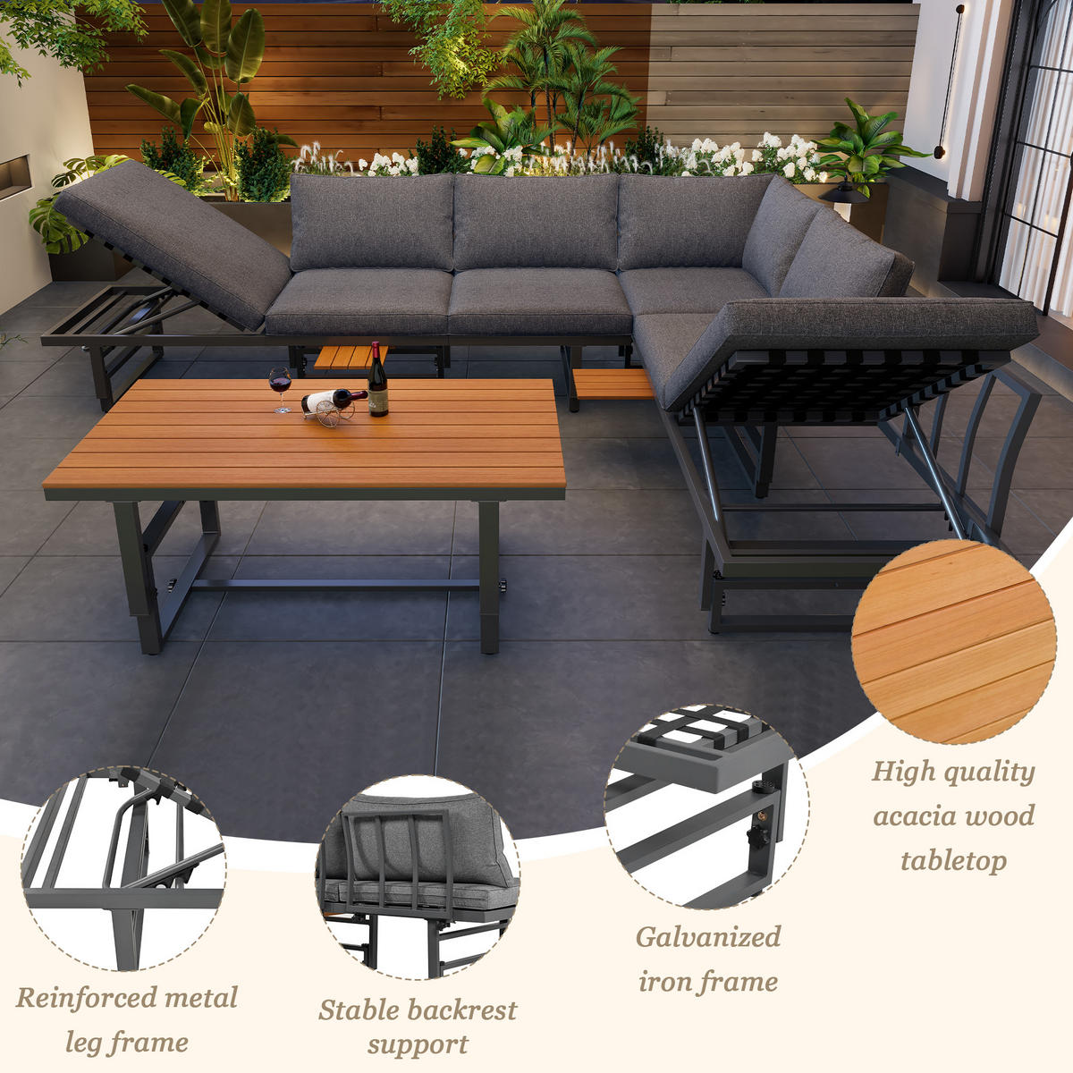 LOUNGEGARNITUR 3-teiliges Gartenmöbel-Set VERSTELLBARE RÜCKENLEHNE HÖHENVERSTELLBARER TISCH Akazienholz Grau für Terrasse - Grau, Metall - Rolipo