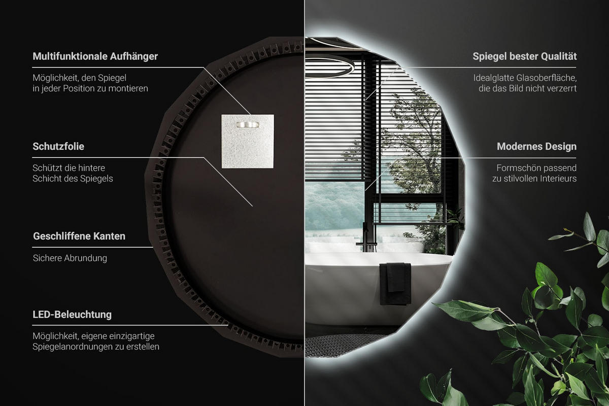 LED-SPIEGEL 60 cm x 60 cm Asymmetrische Form Kaltweiß 6000 K - Platinfarben, Glas (60/60/0.4cm) - Wallfluent