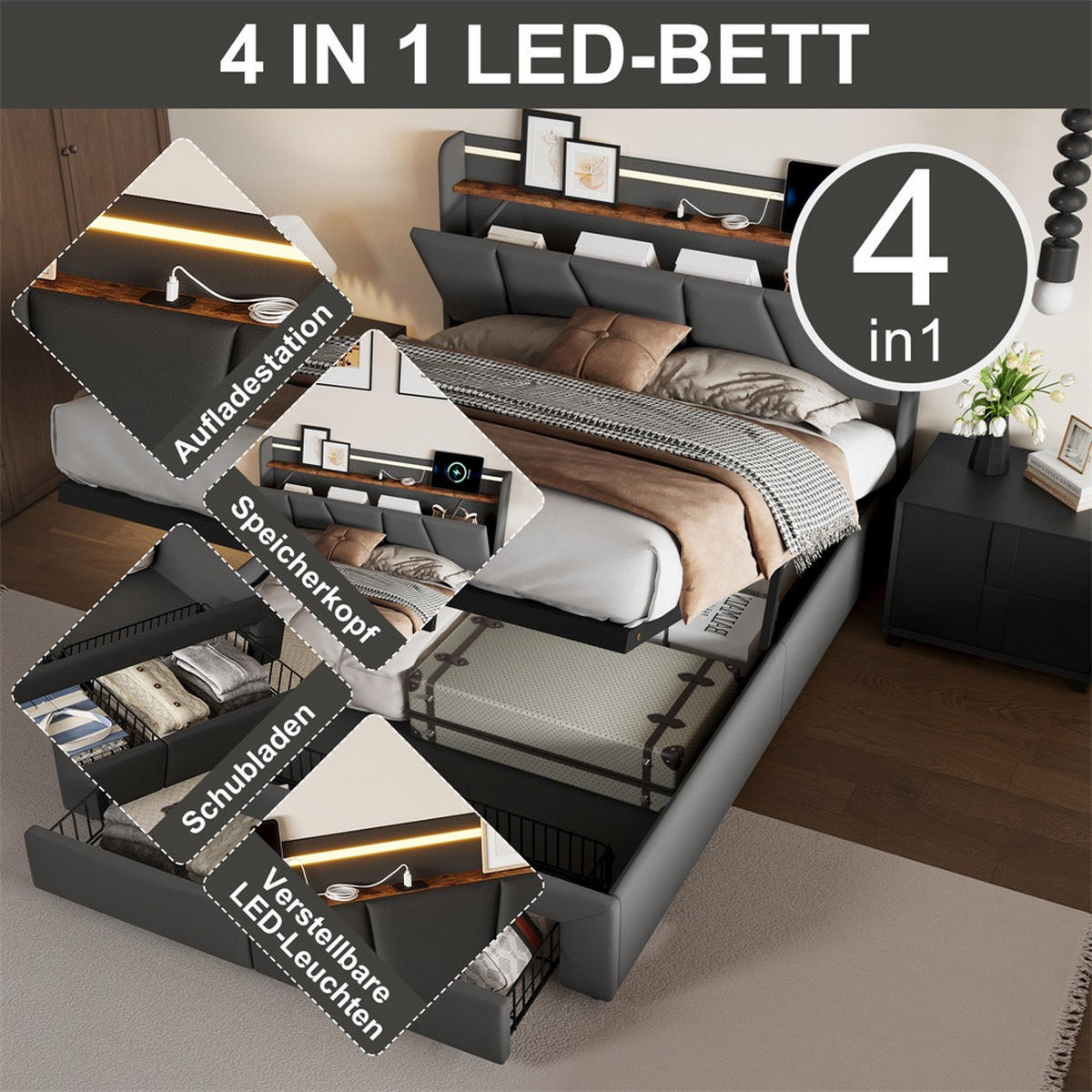 POLSTERBETT 160x200 cm - Doppelbettmit hydraulischem Stauraum - Schubladen und LED-Beleuchtung - ohne Matratze - Dunkelgrau - Dunkelgrau, Textil (160/200cm) - DELFA