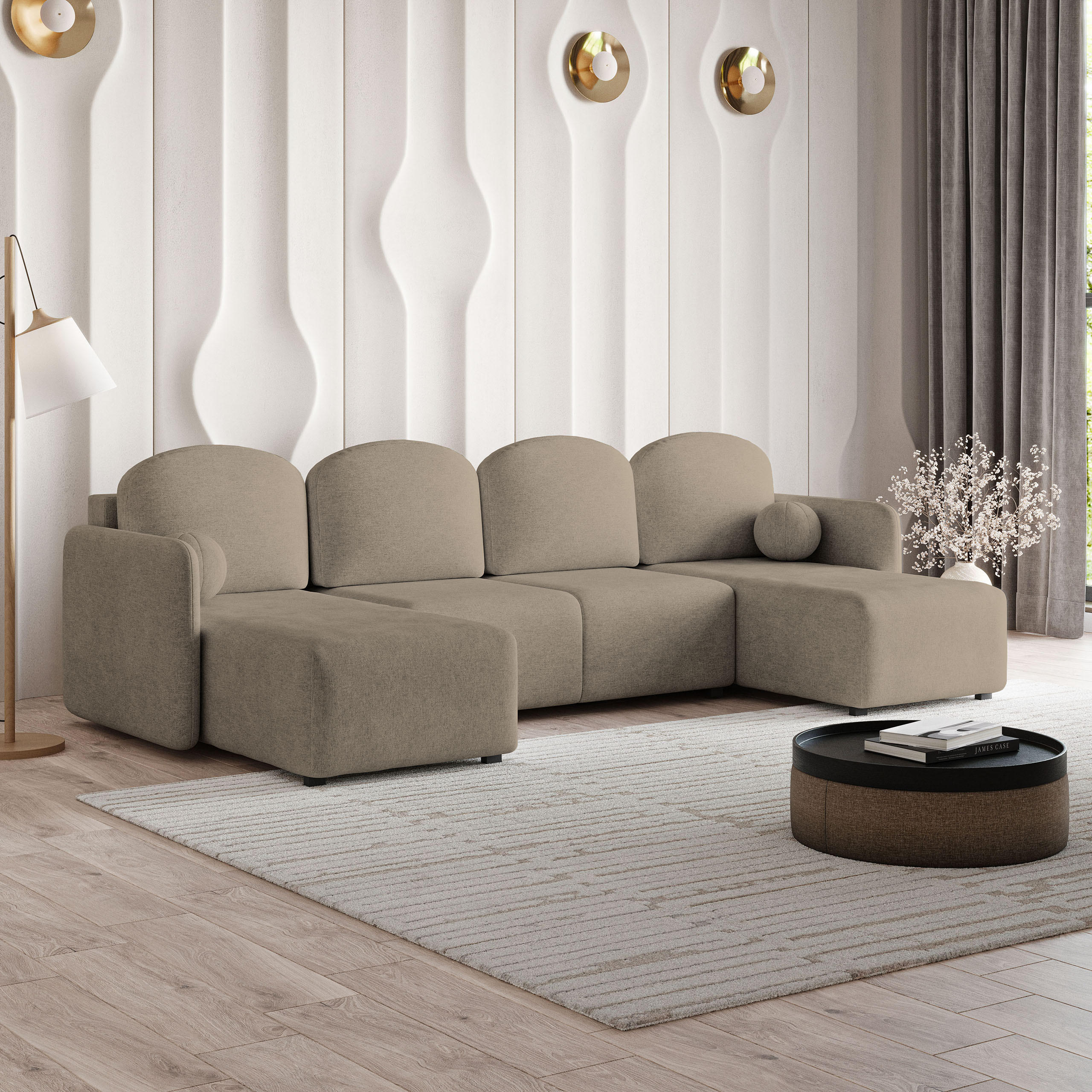 WOHNLANDSCHAFT NUBERO Braun Geflochtener Stoff mit Schlaffunktion - Braun, Holz (285/85/143cm) - MASSENO