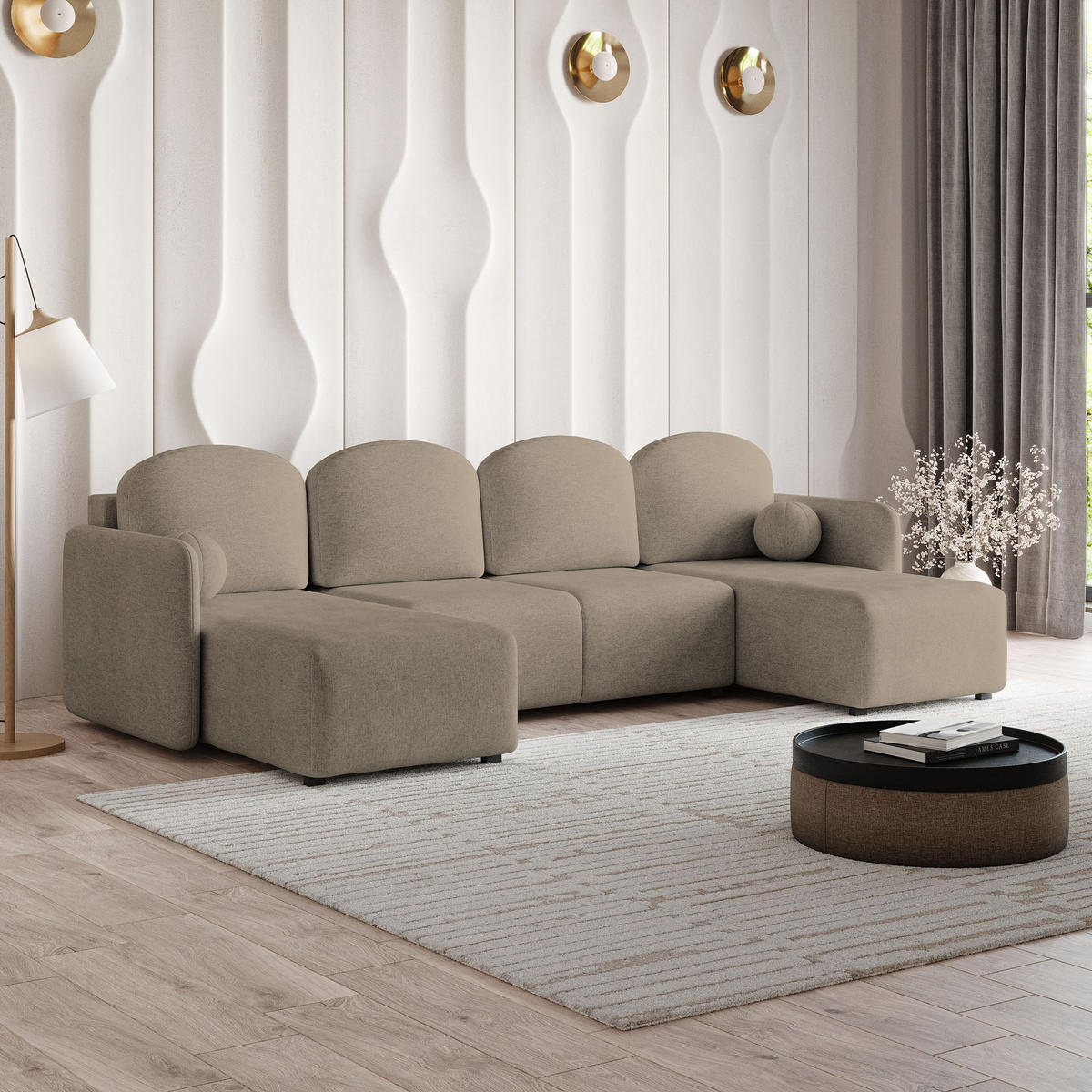 WOHNLANDSCHAFT NUBERO Braun Geflochtener Stoff mit Schlaffunktion - Braun, Holz (285/85/143cm) - MASSENO