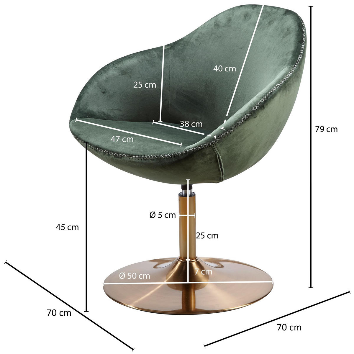 LOUNGESESSEL Samt mit 360° Drehfunktion, Grün 70x70x79 cm - Goldfarben/Grün, Textil/Metall (70/79/70cm) - KADIMA DESIGN