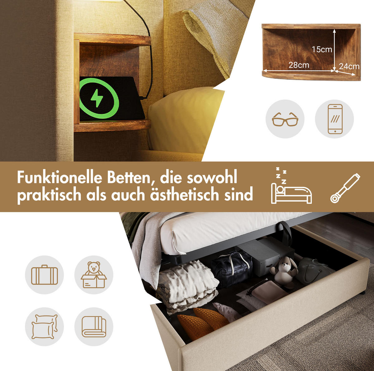 POLSTERBETT aus Leinen 180x200 cm Beige mit Bettkasten, Leselampe, USB- und Type-C-Anschlüssen - Beige, Textil (180/200cm) - IVMEU