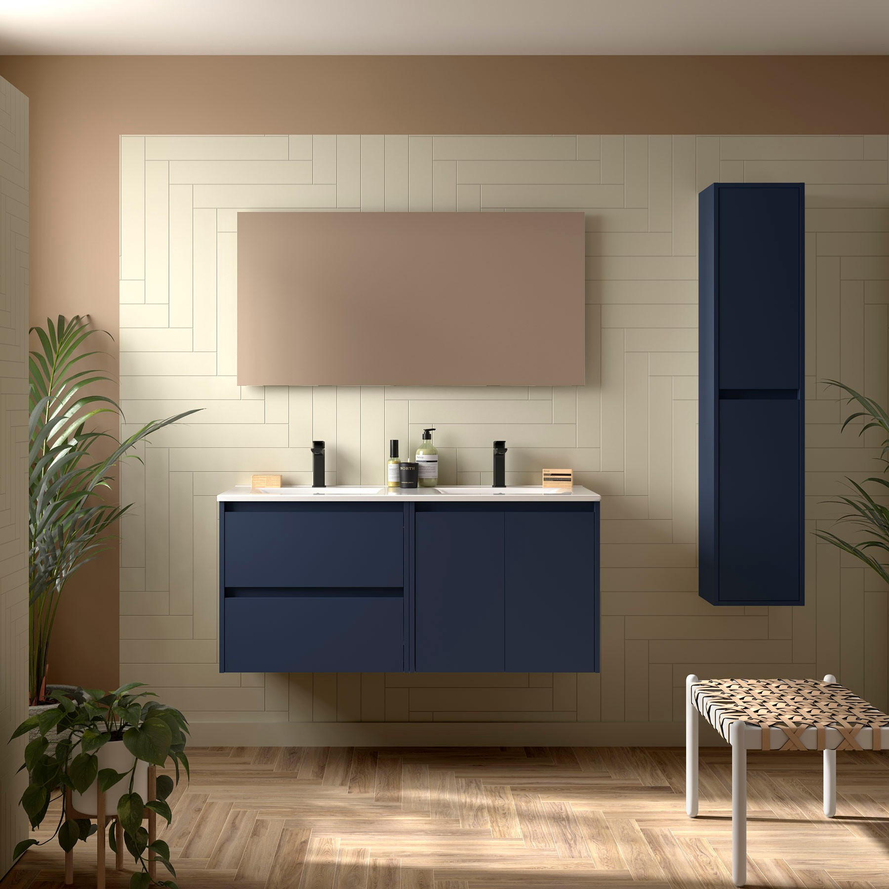 BADEZIMMERMÖBEL NOJA 1200 2 Türen und 2 Schubladen BLUE SATIN + Waschtisch + Spiegel - Schwarz, Metall (45/54/120cm) - Salgar