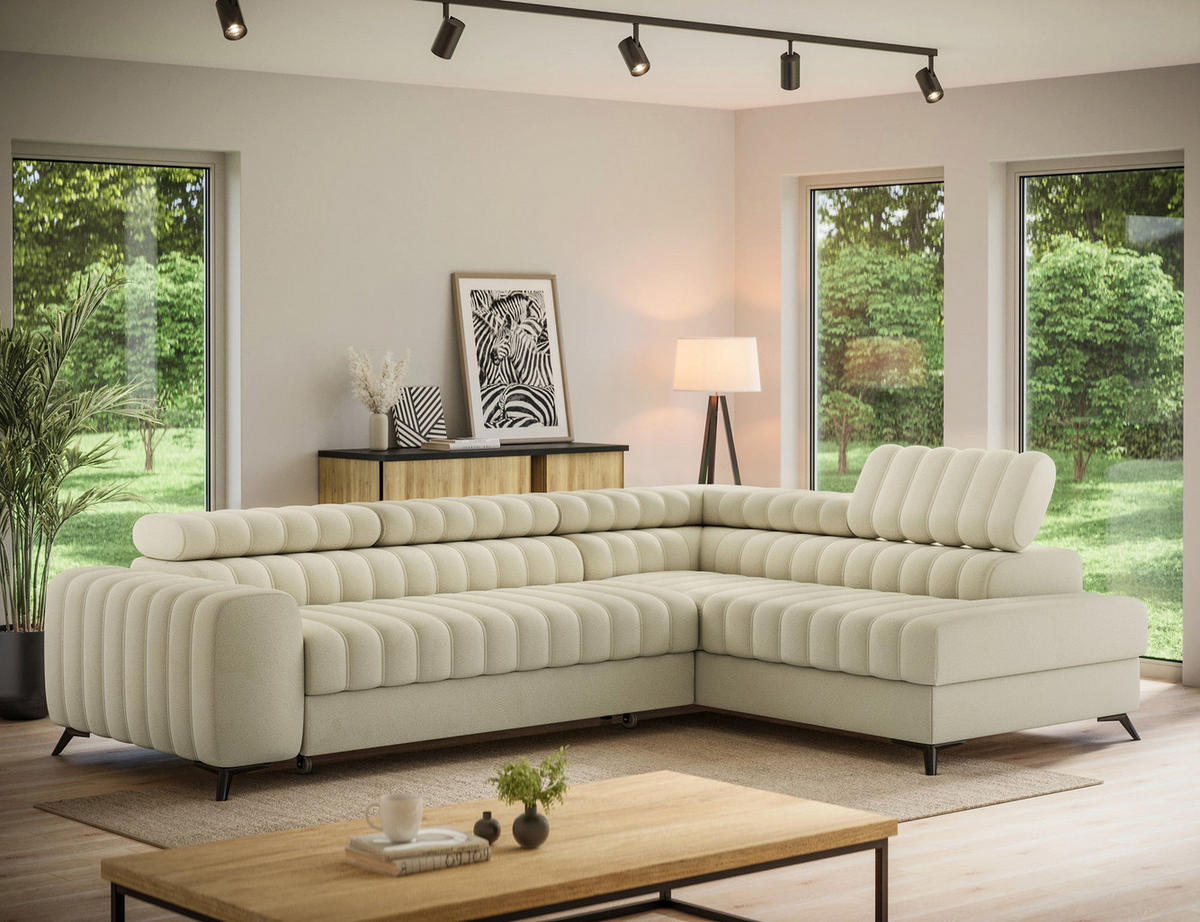KANEDO Ecksofa mit Schlaffunktion und Bettkasten – Modernes Designsofa, verstellbare Kopfstützen, Metallfüße - Beige, Kunststoff (269/86cm) - Wohnideebilder
