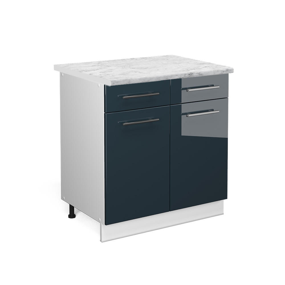 KÜCHENUNTERSCHRANK Fame-Line Dunkelblau Hochglanz 80 cm, AP Marmor - Weiß/Dunkelblau, Holzwerkstoff (80/82/60cm) - Vicco