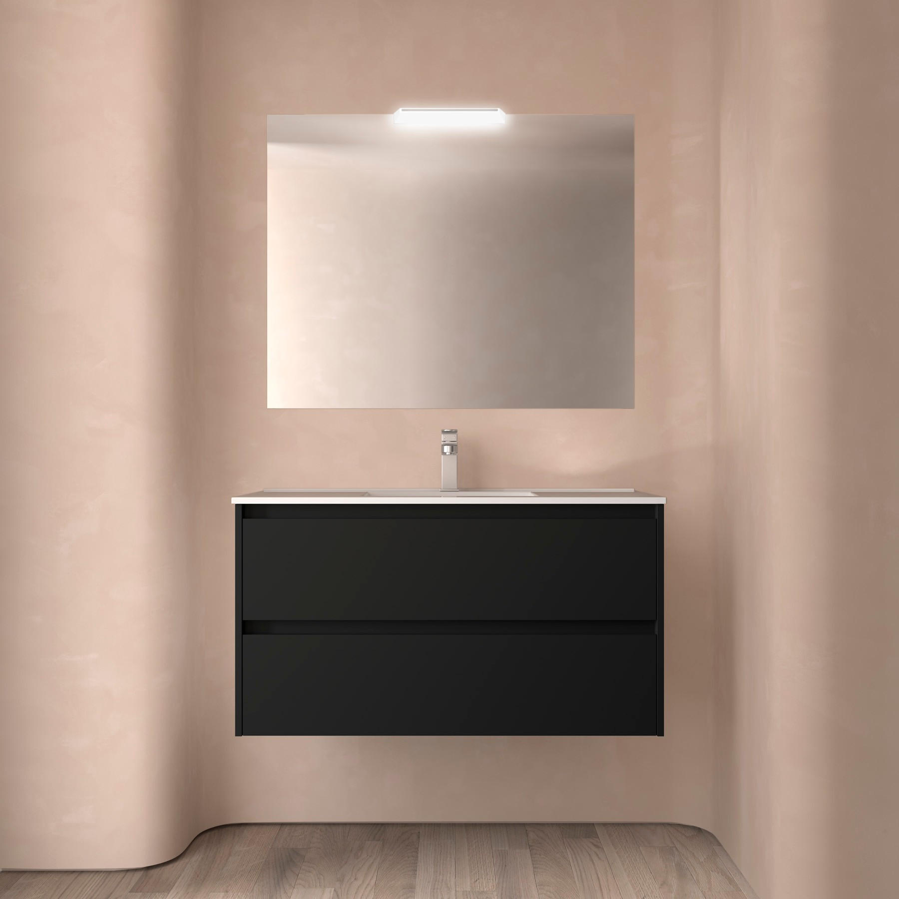 BADEZIMMERMÖBEL NOJA 1000 2 Schubladen BLACK SATIN + Waschtisch + Spiegel - Schwarz, Metall (45/54/100cm) - Salgar