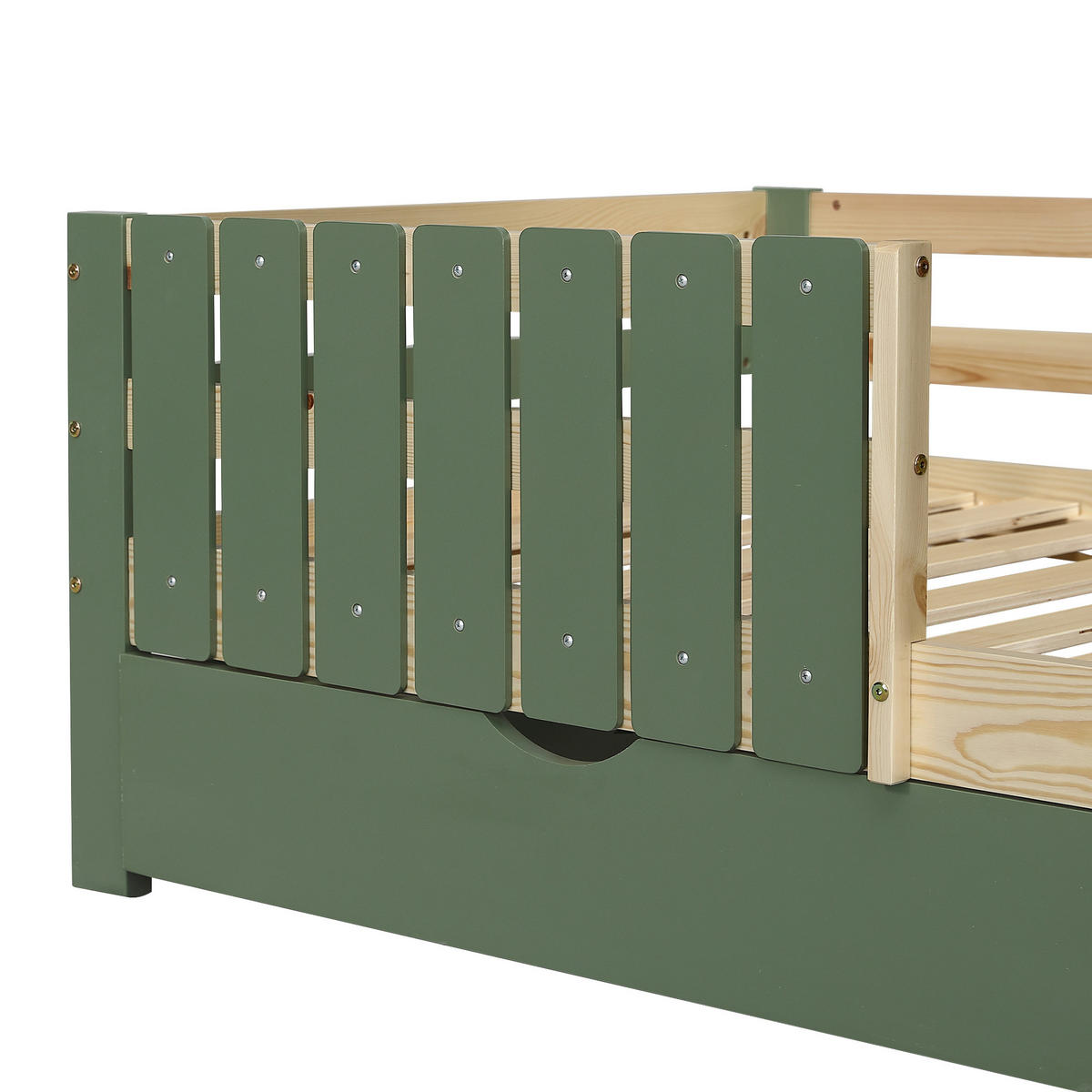 HAUSBETT 90/200 cm DE-02196, in Grün/Natur, mit Dach, Fenster und 2 Schubladen - Grün, Holzwerkstoff (90/200cm) - ComfortXL